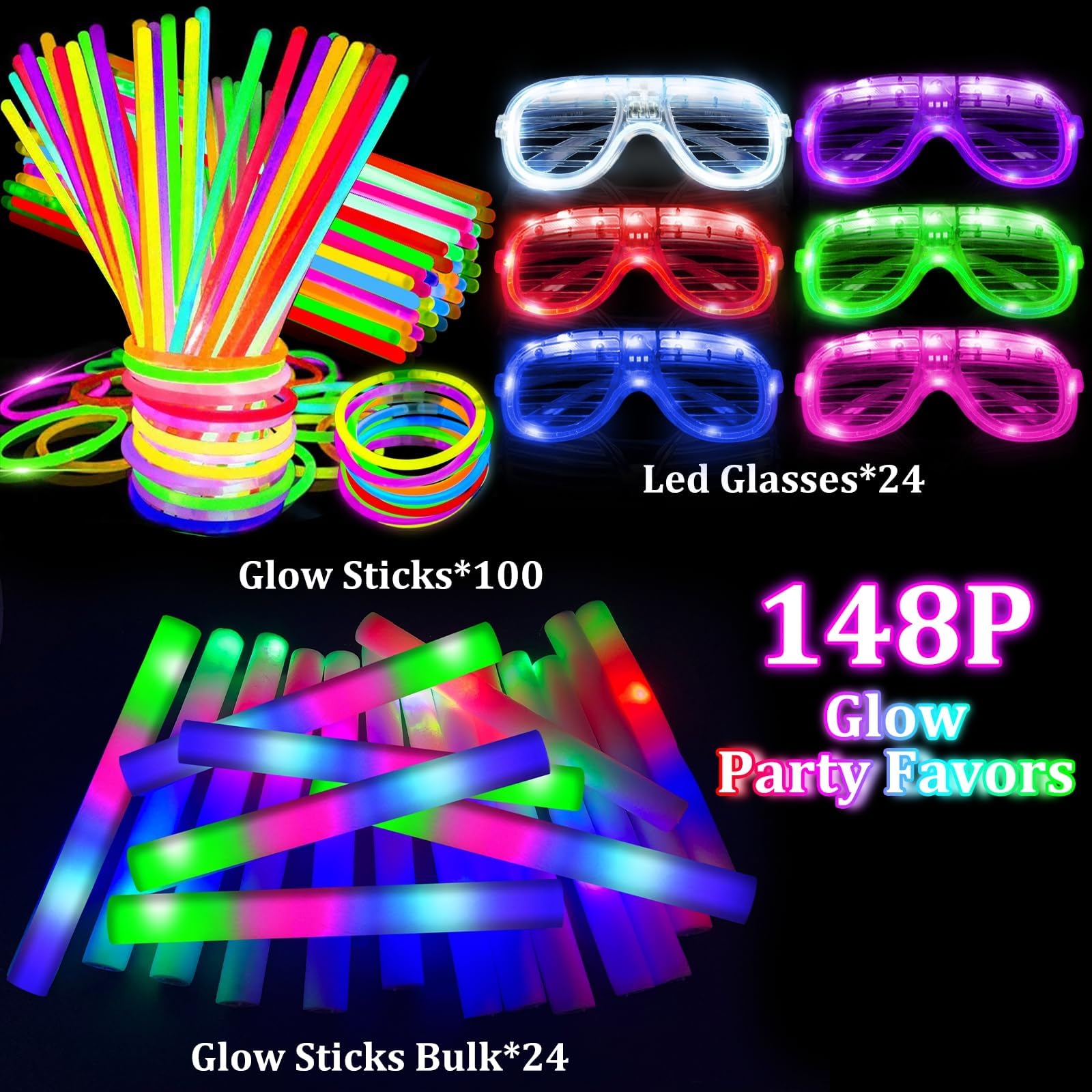 Camlinbo 148 PCS Glow in the Dark Party Supplies with Foam Glow Sticks LED Glasses Necklaces Bracelets for Weddings Birthdays Concerts - View 4 of 5