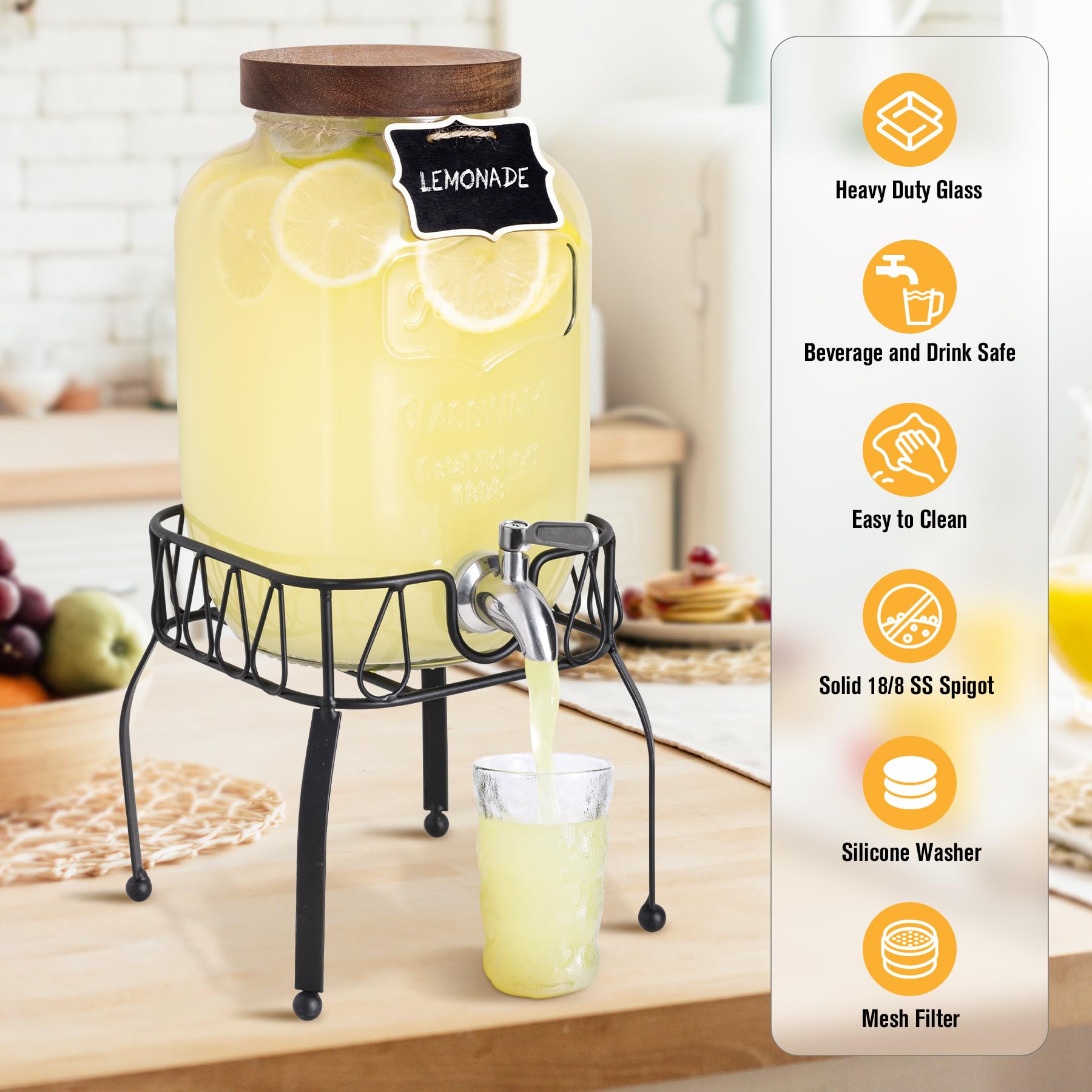 mustry Mustry Glass Drink Dispenser 1 Gallon with Stand and Spigot Ideal for Parties Lemonade Sun Tea Kombucha Jar - View 3 of 9
