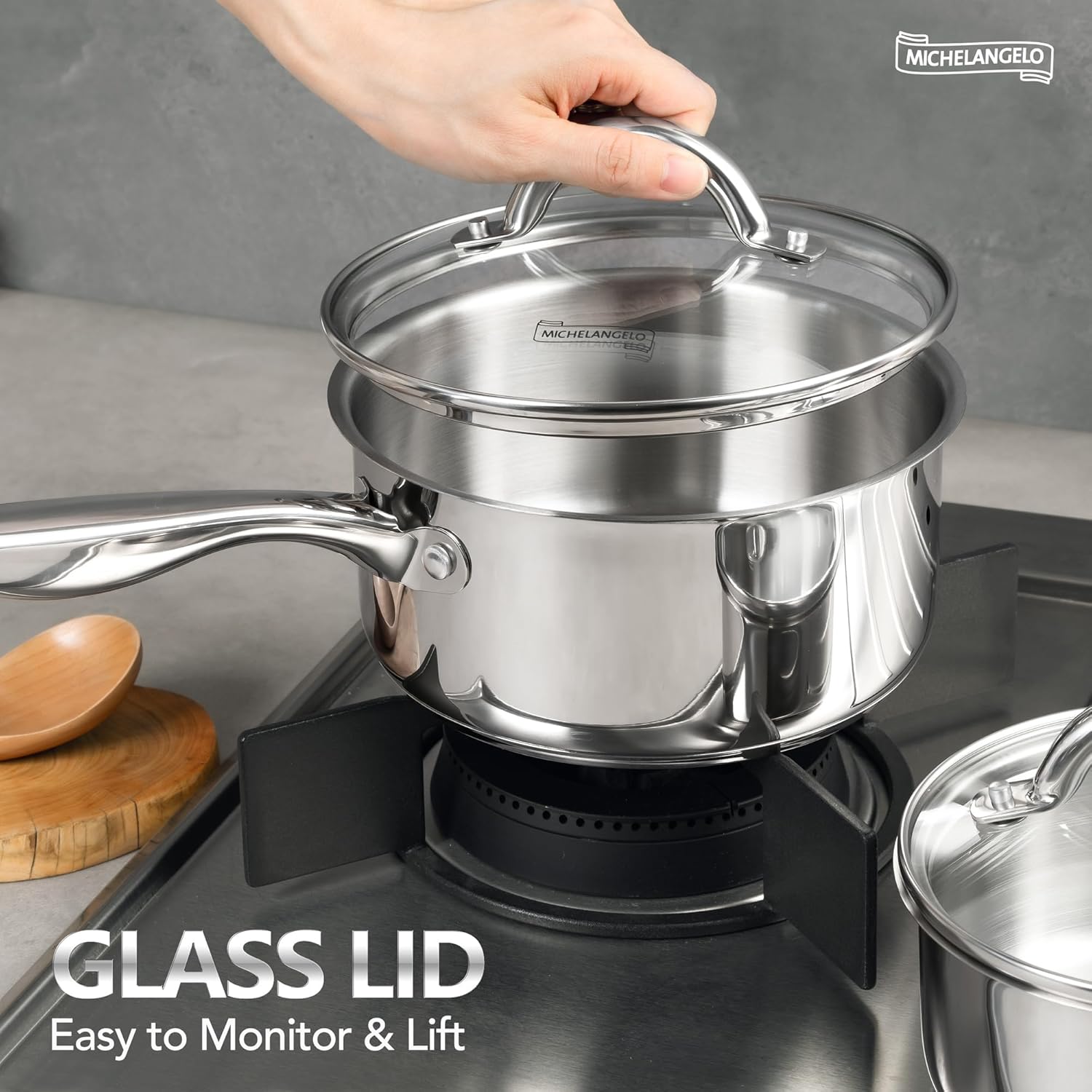 MICHELANGELO MICHELANGELO 6pc Stainless Steel Saucepan Set with Lids Tri-Ply Nonstick Induction Compatible 1QT 2QT 3QT Pots - View 2 of 7