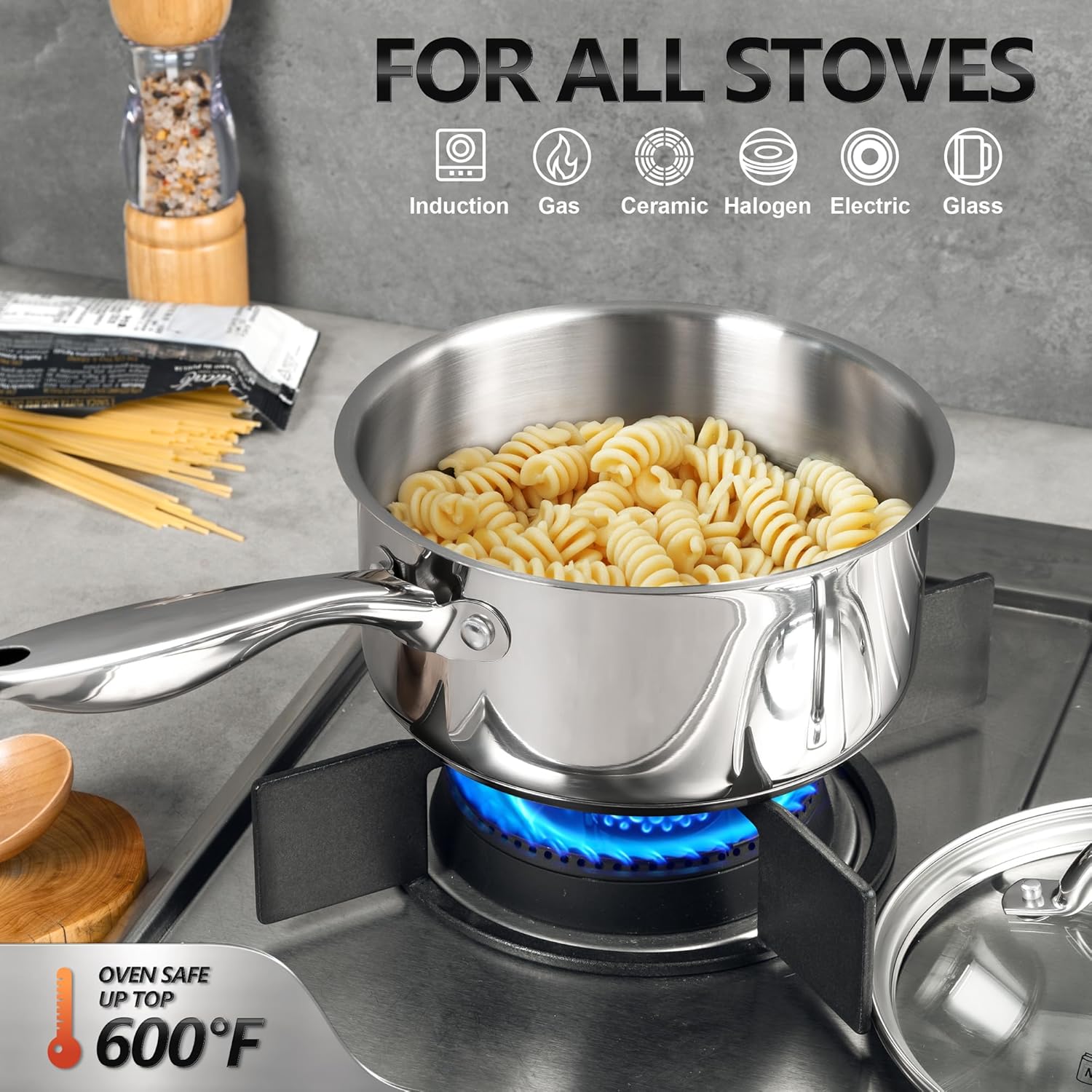 MICHELANGELO MICHELANGELO 6pc Stainless Steel Saucepan Set with Lids Tri-Ply Nonstick Induction Compatible 1QT 2QT 3QT Pots - View 5 of 7