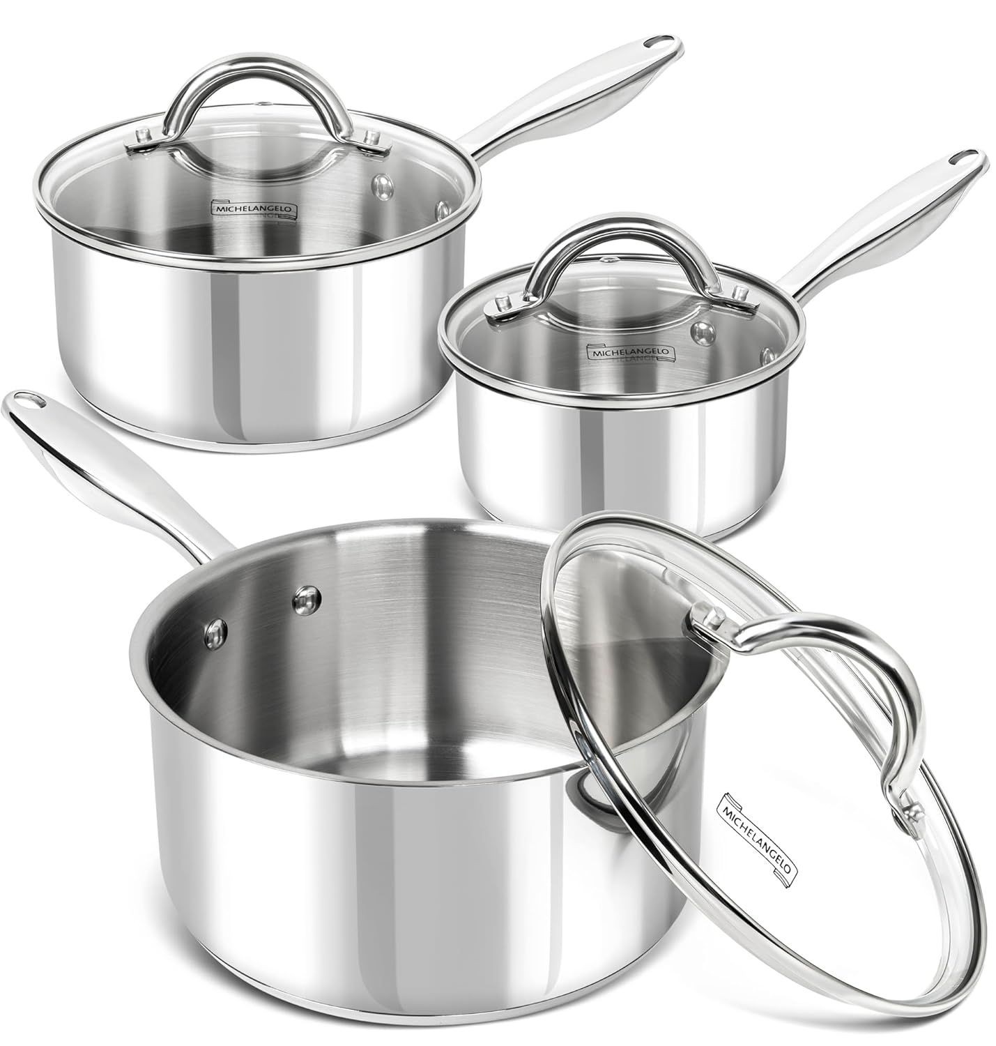 MICHELANGELO MICHELANGELO 6pc Stainless Steel Saucepan Set with Lids Tri-Ply Nonstick Induction Compatible 1QT 2QT 3QT Pots