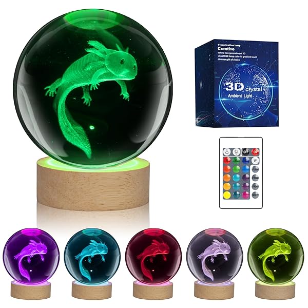 LQYHZCZQ LQYHZCZQ 3D Axolotl Crystal Ball Night Light 16 Color LED Wooden Base Remote Control 3.15 Inch Home Decor Gift