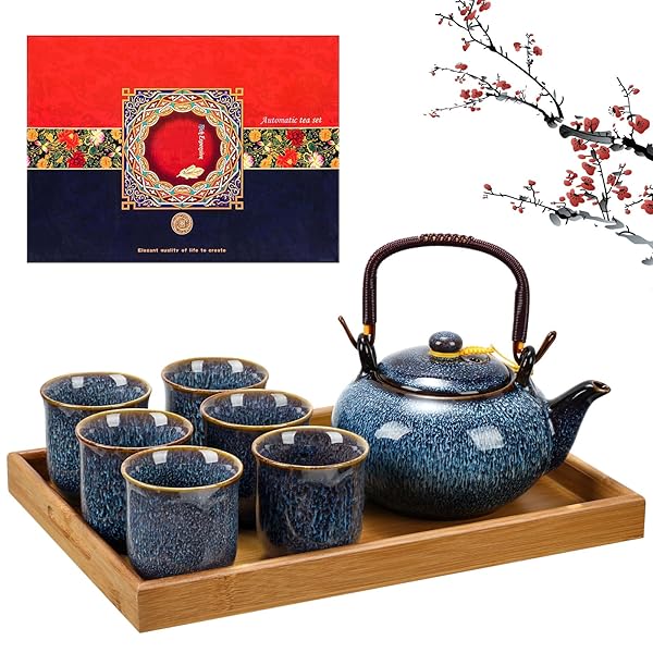 Layhit Layhit Japanese Tea Set for Adults 1 Teapot 6 Cups Tray Traditional Portable Porcelain Gift for Women Mother's Day Blue