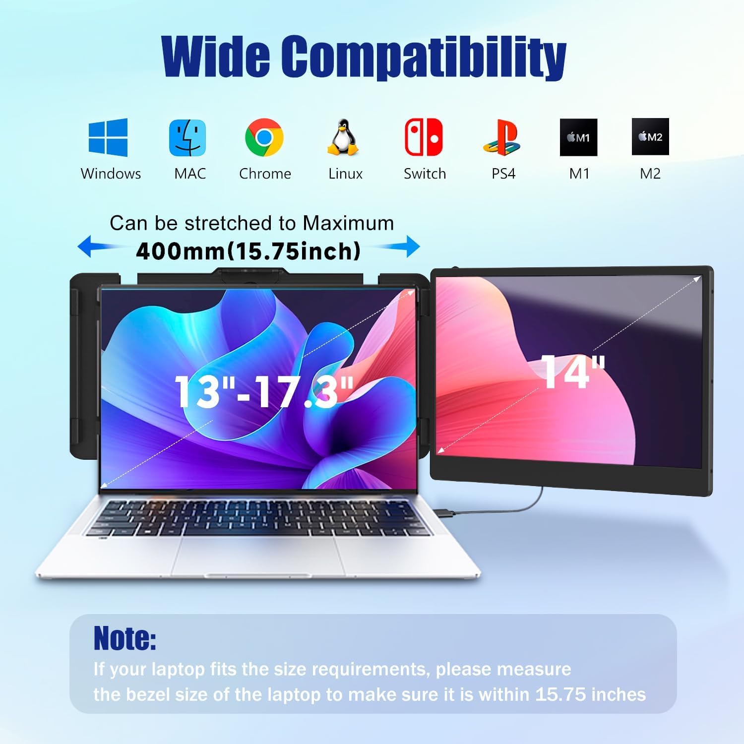 KEFEYA Laptop Screen Extender, 14" FHD 1080P IPS Laptop Monitor Extender Dual Screen, Portable Monitor for Laptops 13-17" with USB-C/HDMI Port, Plug n Play for Windows/Mac/Android/Switch/PS5 - View 2 of 8