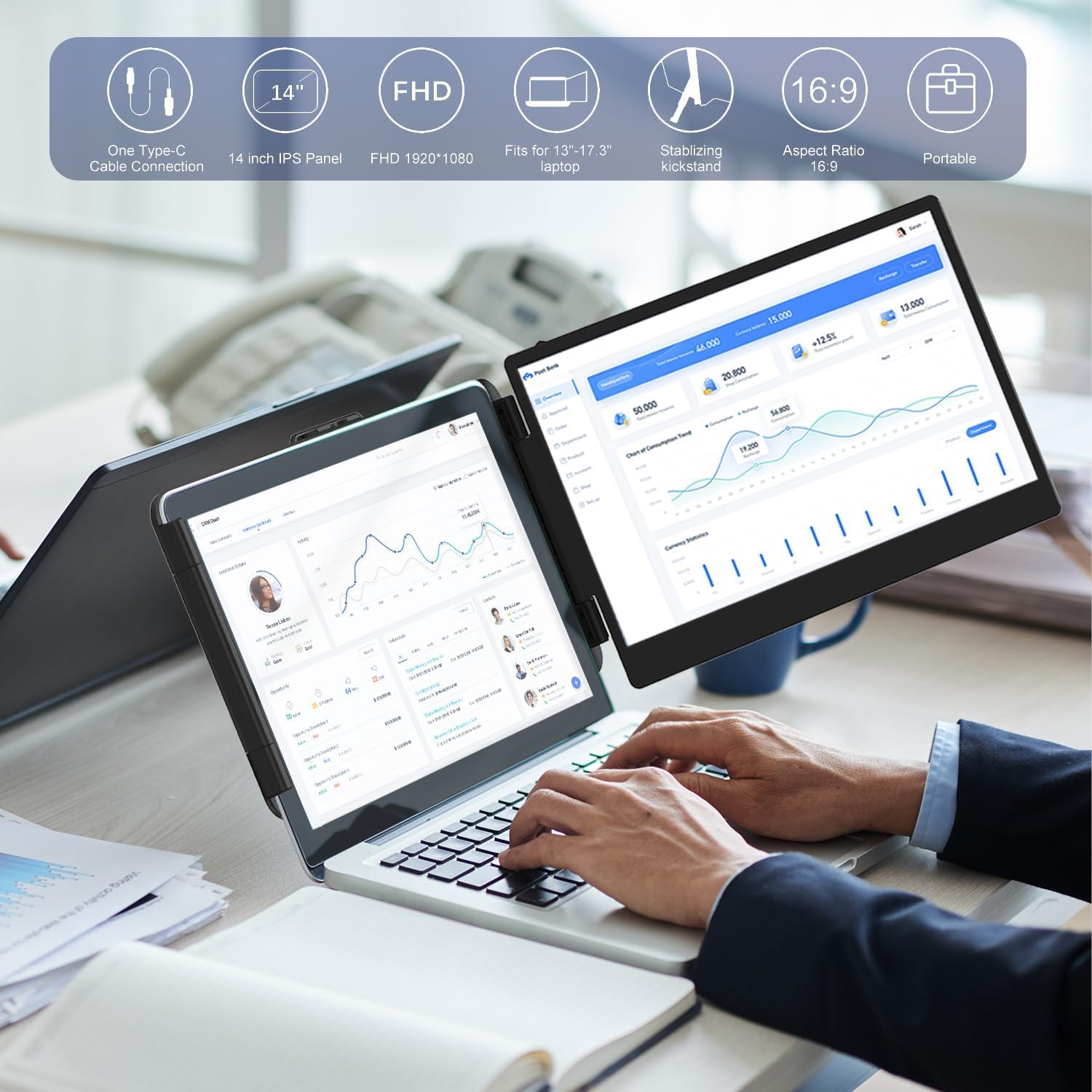 KEFEYA Laptop Screen Extender, 14" FHD 1080P IPS Laptop Monitor Extender Dual Screen, Portable Monitor for Laptops 13-17" with USB-C/HDMI Port, Plug n Play for Windows/Mac/Android/Switch/PS5 - View 7 of 8