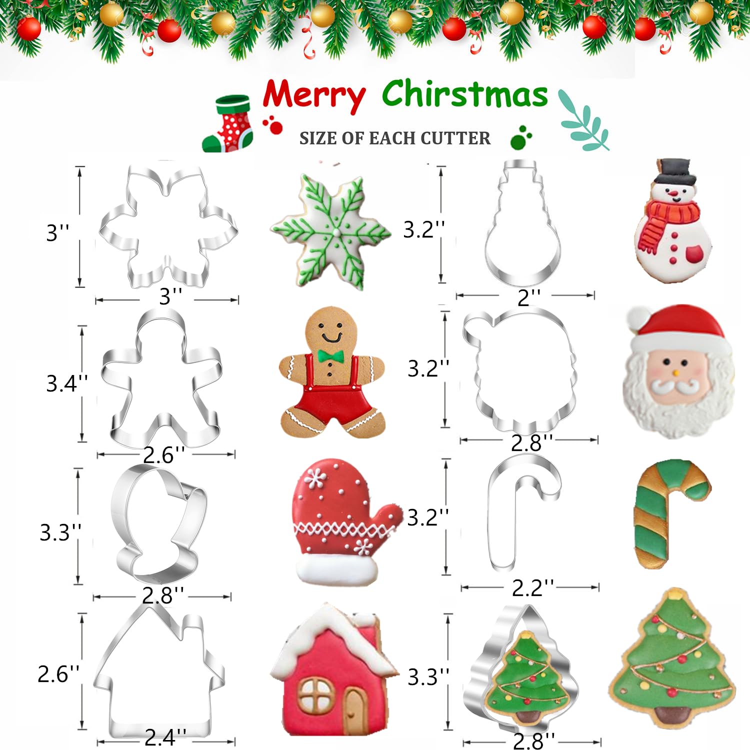 TUZICAKE Christmas Cookie Cutters Set of 8 Holiday Shapes for Baking Snowman Tree Gingerbread Candy Cane Snowflake Santa House and Winter Glove - View 2 of 7