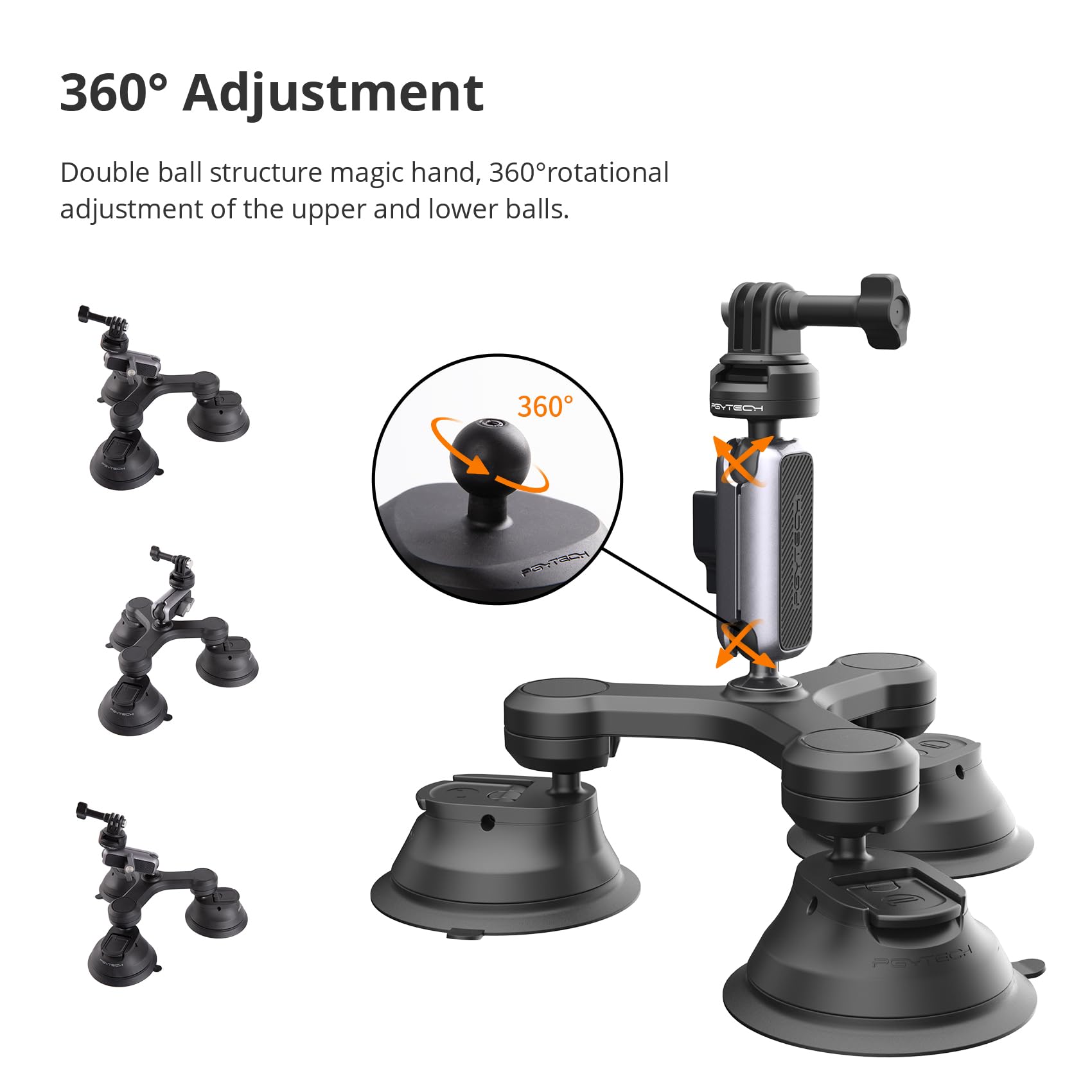 PGYTECH PGYTECH CapLock Triple Suction Mount for DJI OSMO Action and GoPro Hero with Standard Thread Adapter for Action Cameras and Smartphones - View 3 of 9