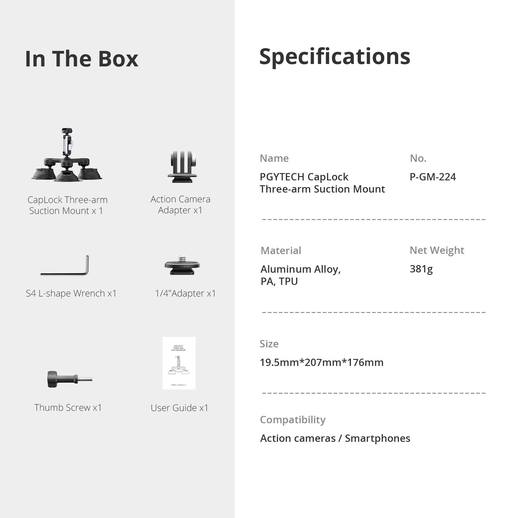 PGYTECH PGYTECH CapLock Triple Suction Mount for DJI OSMO Action and GoPro Hero with Standard Thread Adapter for Action Cameras and Smartphones - View 9 of 9