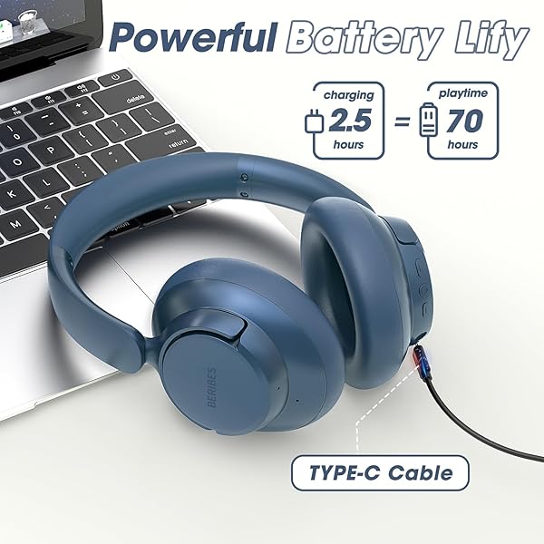 BERIBES BERIBES Hybrid Active Noise Cancelling Wireless Headphones 70H Playtime Bluetooth Deep Bass Soft Earpads Fast Charging Blue - View 5 of 9