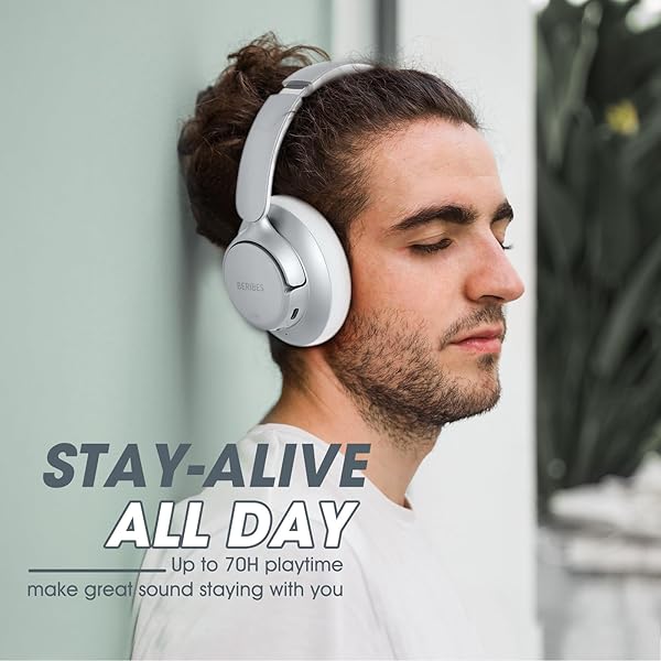 BERIBES BERIBES Hybrid Active Noise Cancelling Wireless Headphones 70H Playtime Bluetooth with Mic Deep Bass Soft Earpads Fast Charging Silver - View 4 of 9