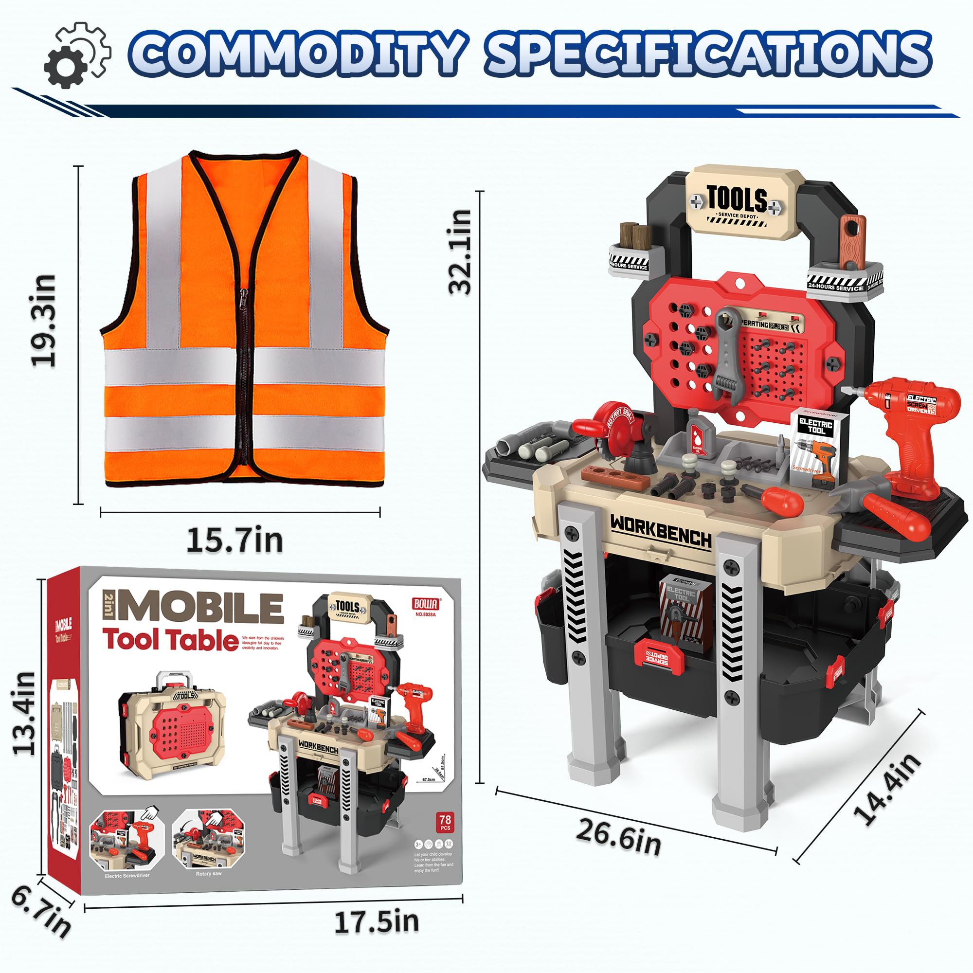 SLTBEH Toddler Tool Bench Set 78pcs Construction Toy for Kids Ages 3-5 Workbench Playset with Drill Perfect Birthday Gift for Boys and Girls Red - View 7 of 7