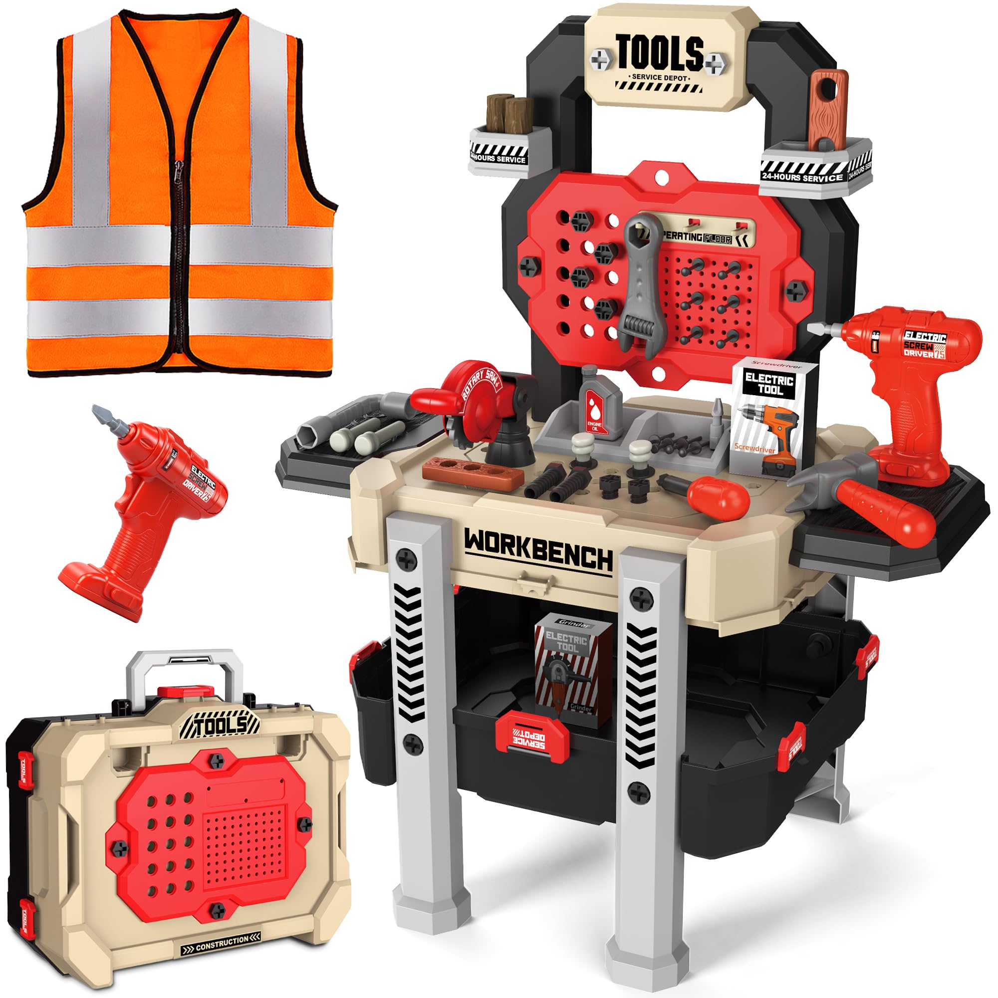 SLTBEH Toddler Tool Bench Set 78pcs Construction Toy for Kids Ages 3-5 Workbench Playset with Drill Perfect Birthday Gift for Boys and Girls Red