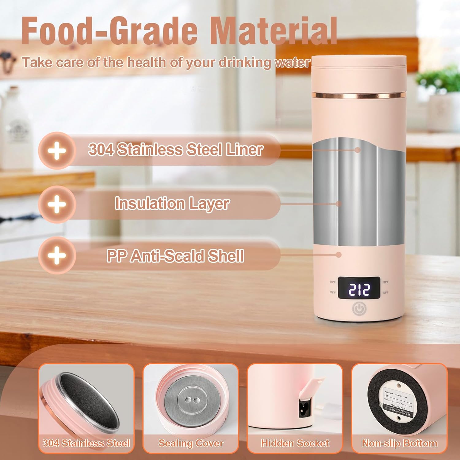 Touxila Travel Electric Kettle Portable Mini 400ml Stainless Steel Fast Boiling Water with 4 Temperature Settings and Auto Shut-Off Pink - View 6 of 7