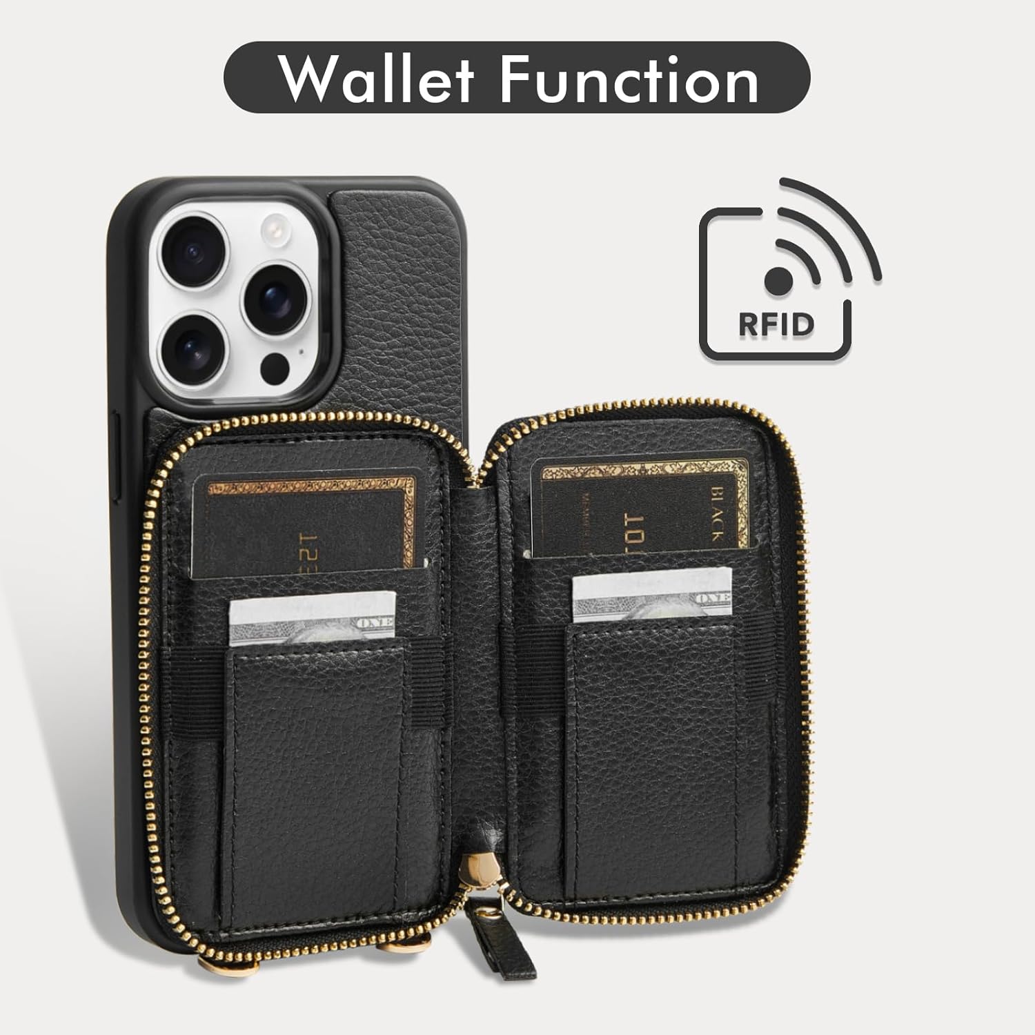 ZVE ZVE iPhone 15 Pro Wallet Case Crossbody Purse with Card Holder Zipper Leather RFID Blocking Cover for Women Black 6.1 inch - View 2 of 9