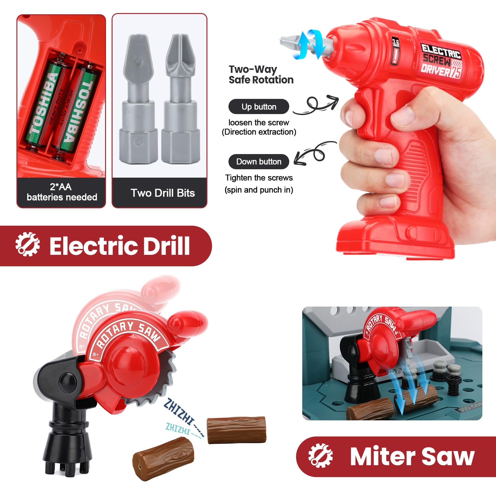 Senekoy Kids Tool Bench with Electric Drill and 78 Realistic Toy Tools for Pretend Play Large Size Toddler Workbench for Boys Green - View 2 of 7