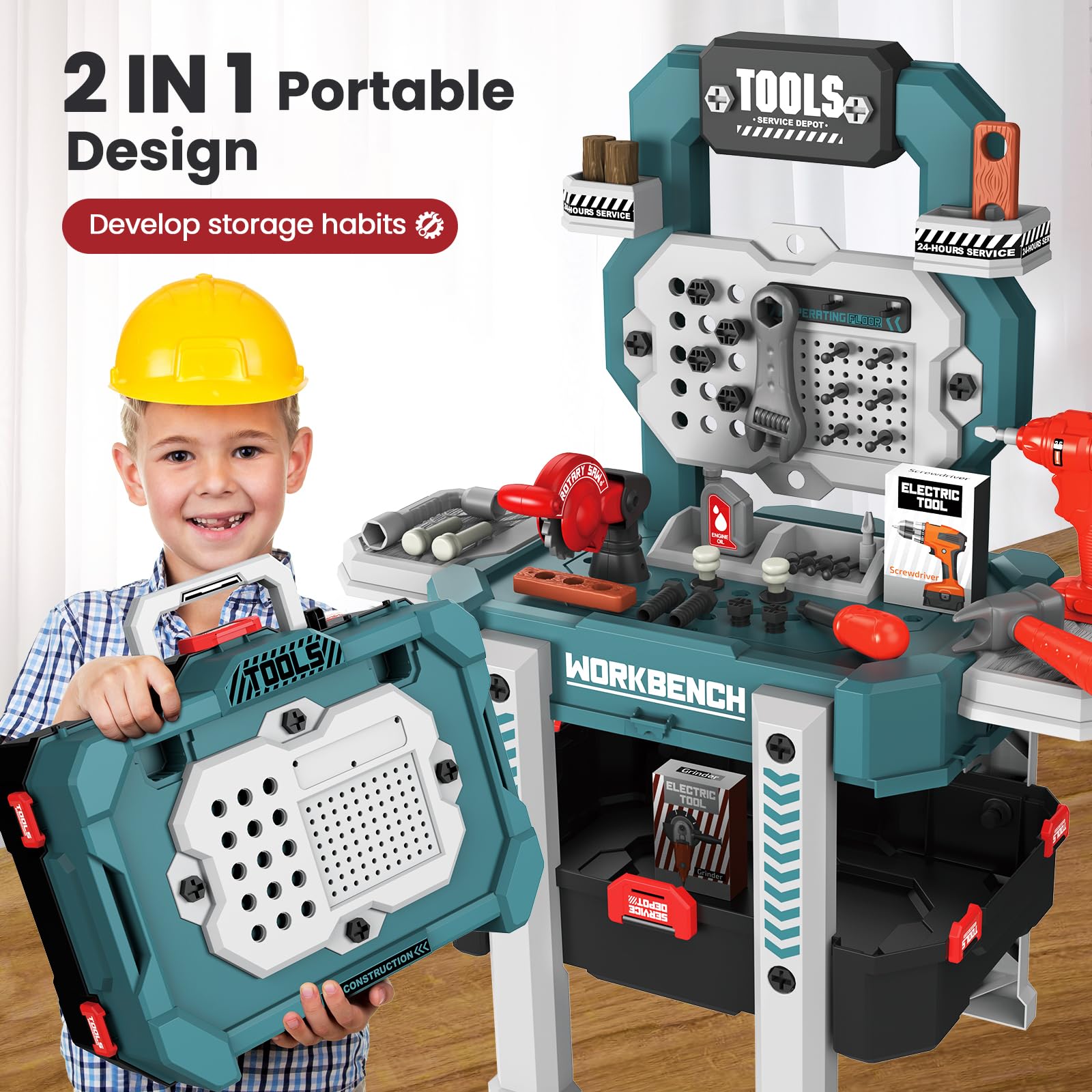Senekoy Kids Tool Bench with Electric Drill and 78 Realistic Toy Tools for Pretend Play Large Size Toddler Workbench for Boys Green - View 4 of 7