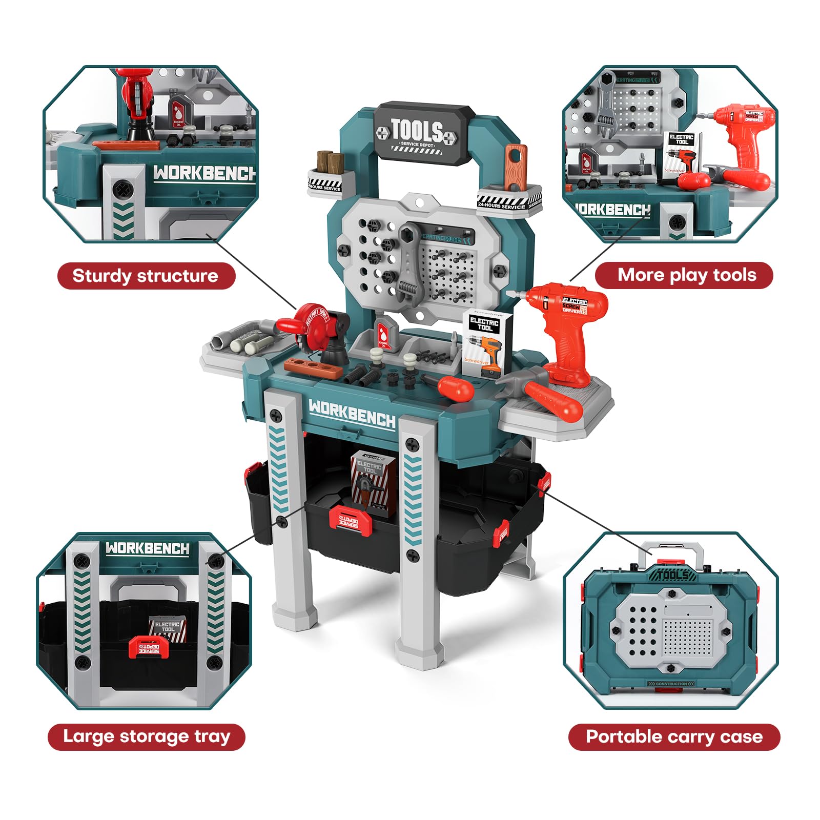 Senekoy Kids Tool Bench with Electric Drill and 78 Realistic Toy Tools for Pretend Play Large Size Toddler Workbench for Boys Green - View 5 of 7