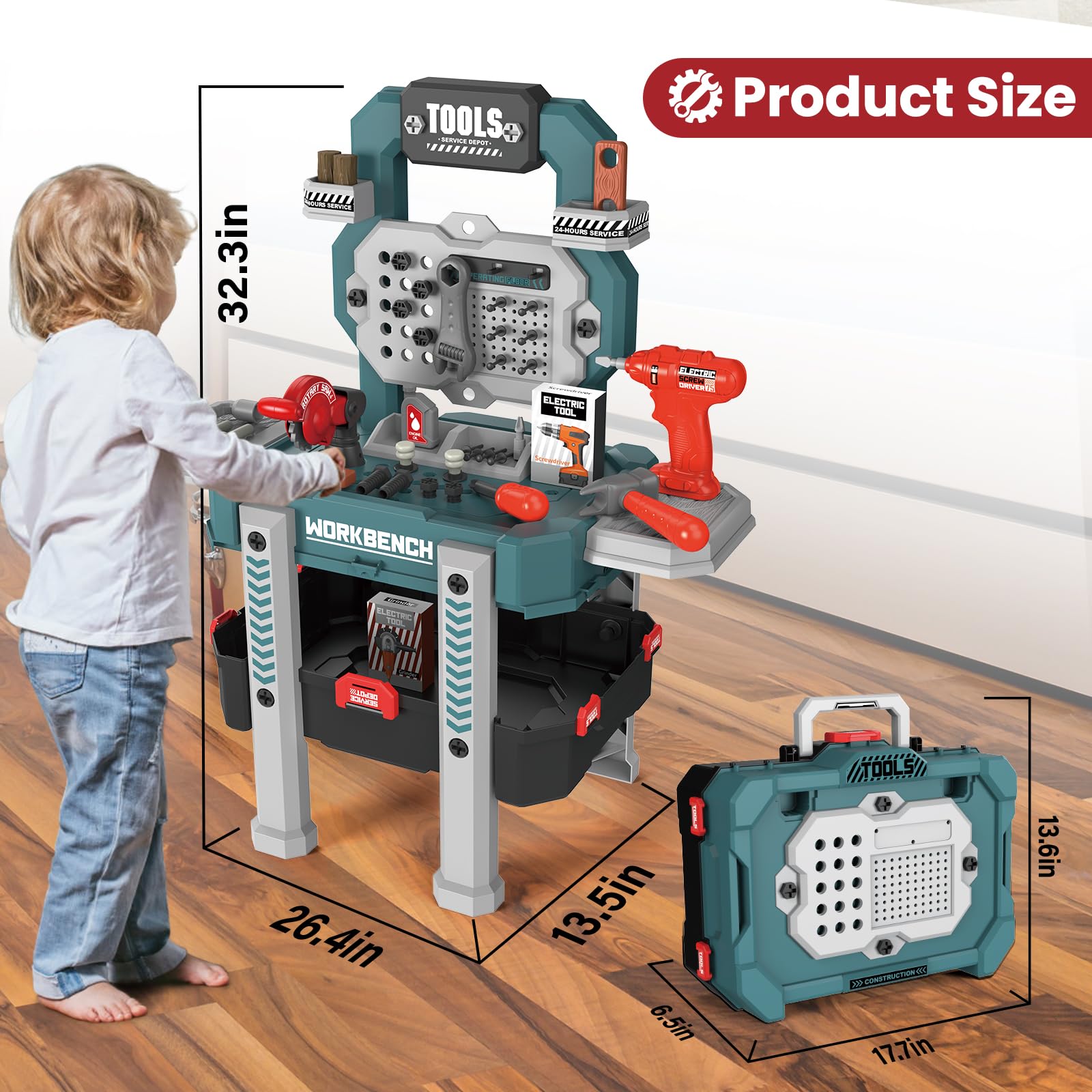 Senekoy Kids Tool Bench with Electric Drill and 78 Realistic Toy Tools for Pretend Play Large Size Toddler Workbench for Boys Green - View 6 of 7