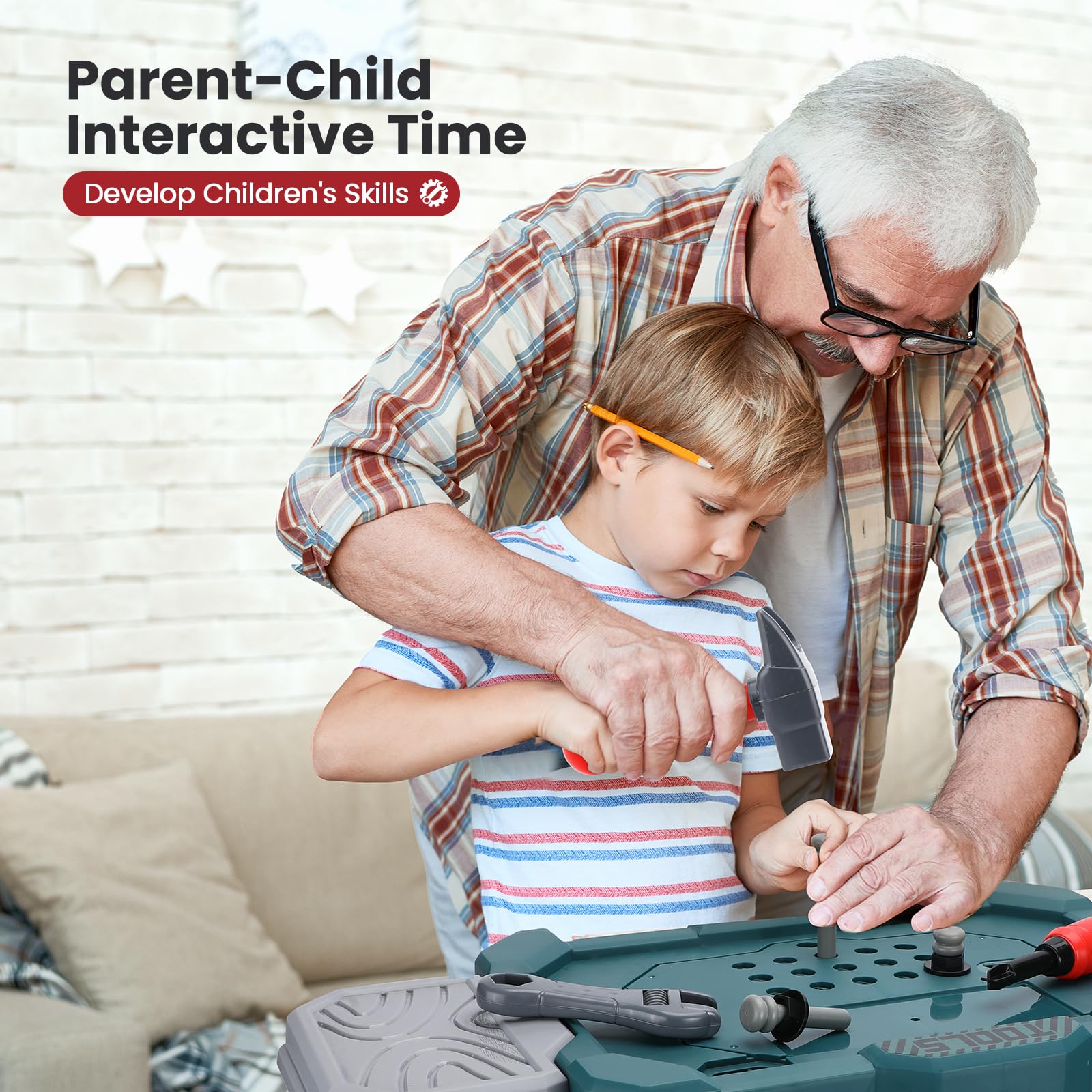 Senekoy Kids Tool Bench with Electric Drill and 78 Realistic Toy Tools for Pretend Play Large Size Toddler Workbench for Boys Green - View 7 of 7