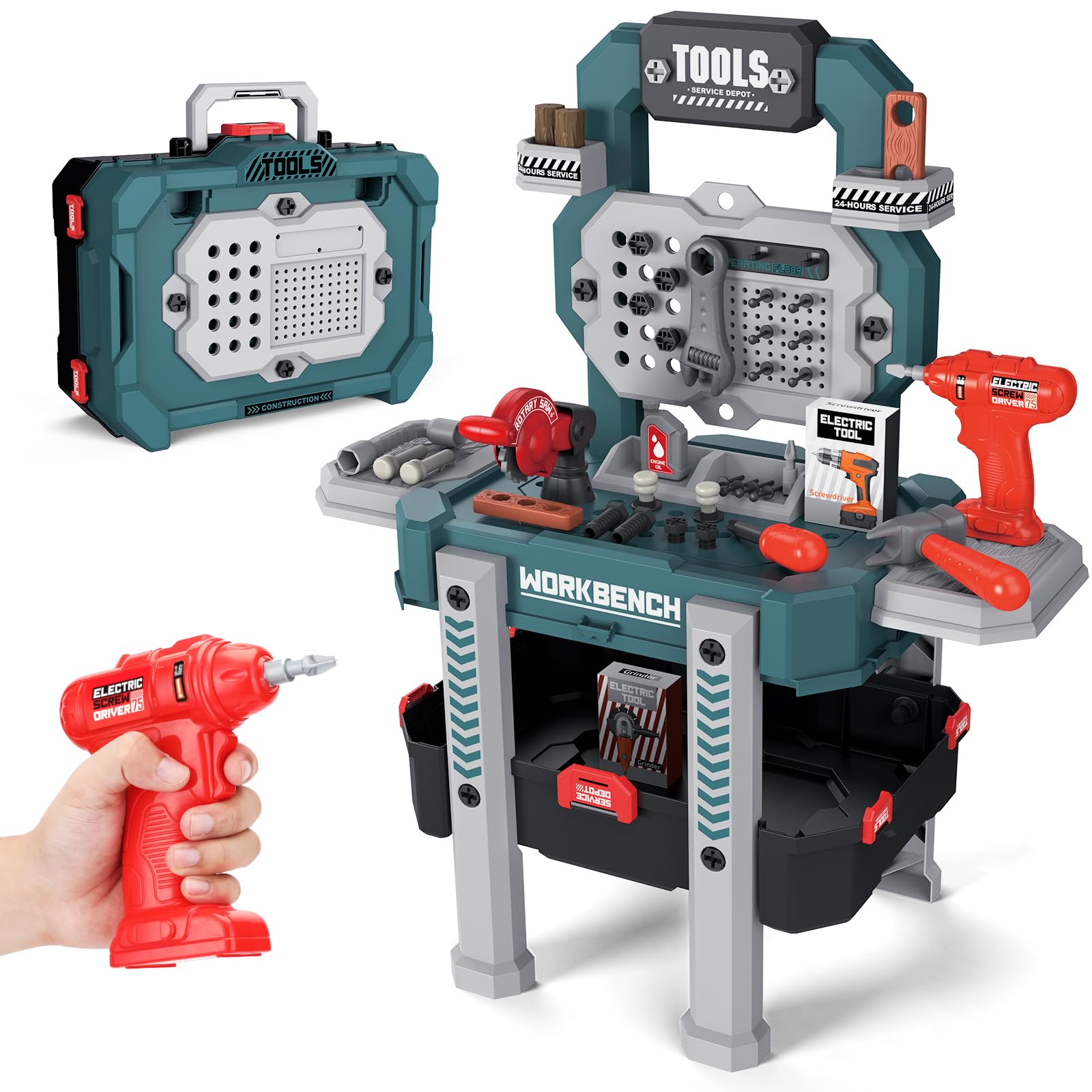 Senekoy Kids Tool Bench with Electric Drill and 78 Realistic Toy Tools for Pretend Play Large Size Toddler Workbench for Boys Green