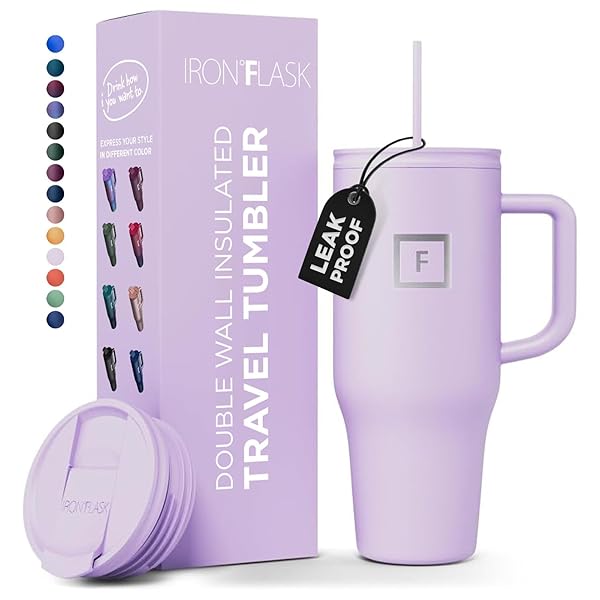 IRON °FLASK IRON FLASK Co-Pilot Insulated Mug with Straw and Flip Cap 40 Oz Lavender Leak Proof Travel Tumbler for Hot and Cold Drinks