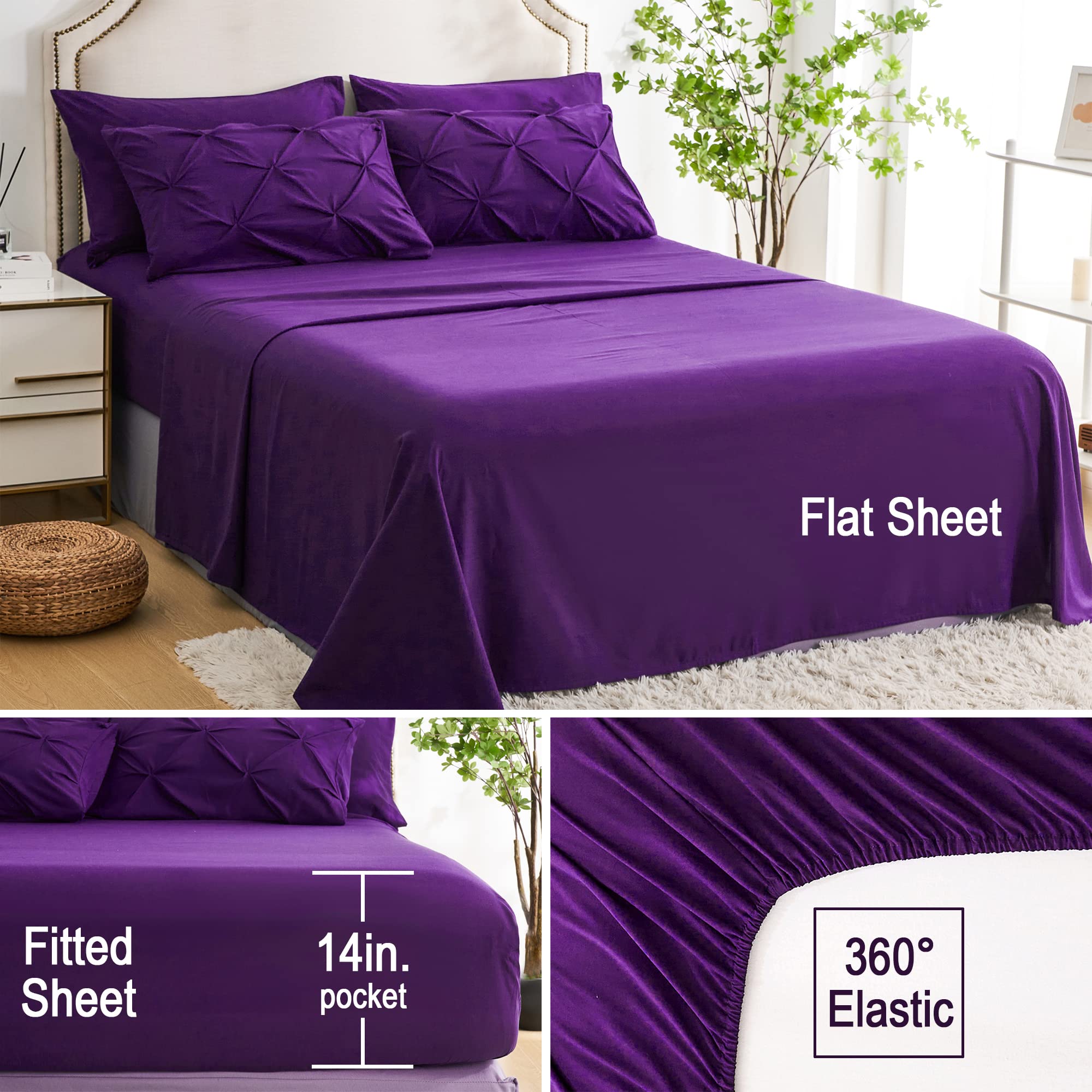 Ubauba Ubauba 7pc Purple Comforter Set Queen Size All Season Pintuck Bedding Bed in a Bag with Sheets Pinched Pleat Design - View 5 of 6