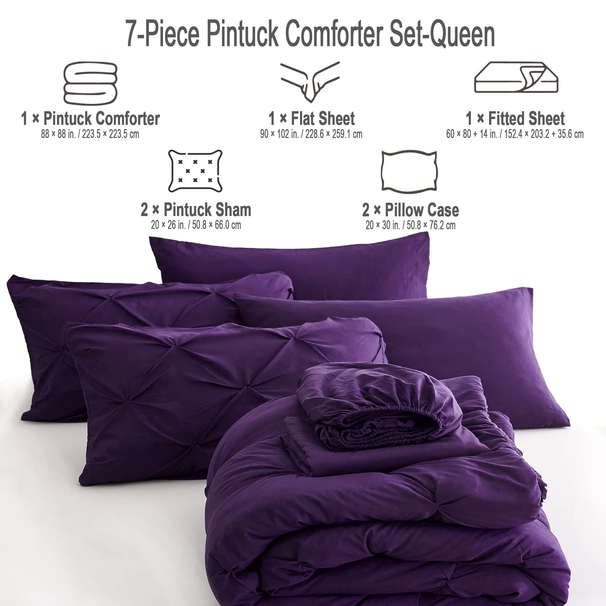 Ubauba Ubauba 7pc Purple Comforter Set Queen Size All Season Pintuck Bedding Bed in a Bag with Sheets Pinched Pleat Design - View 6 of 6