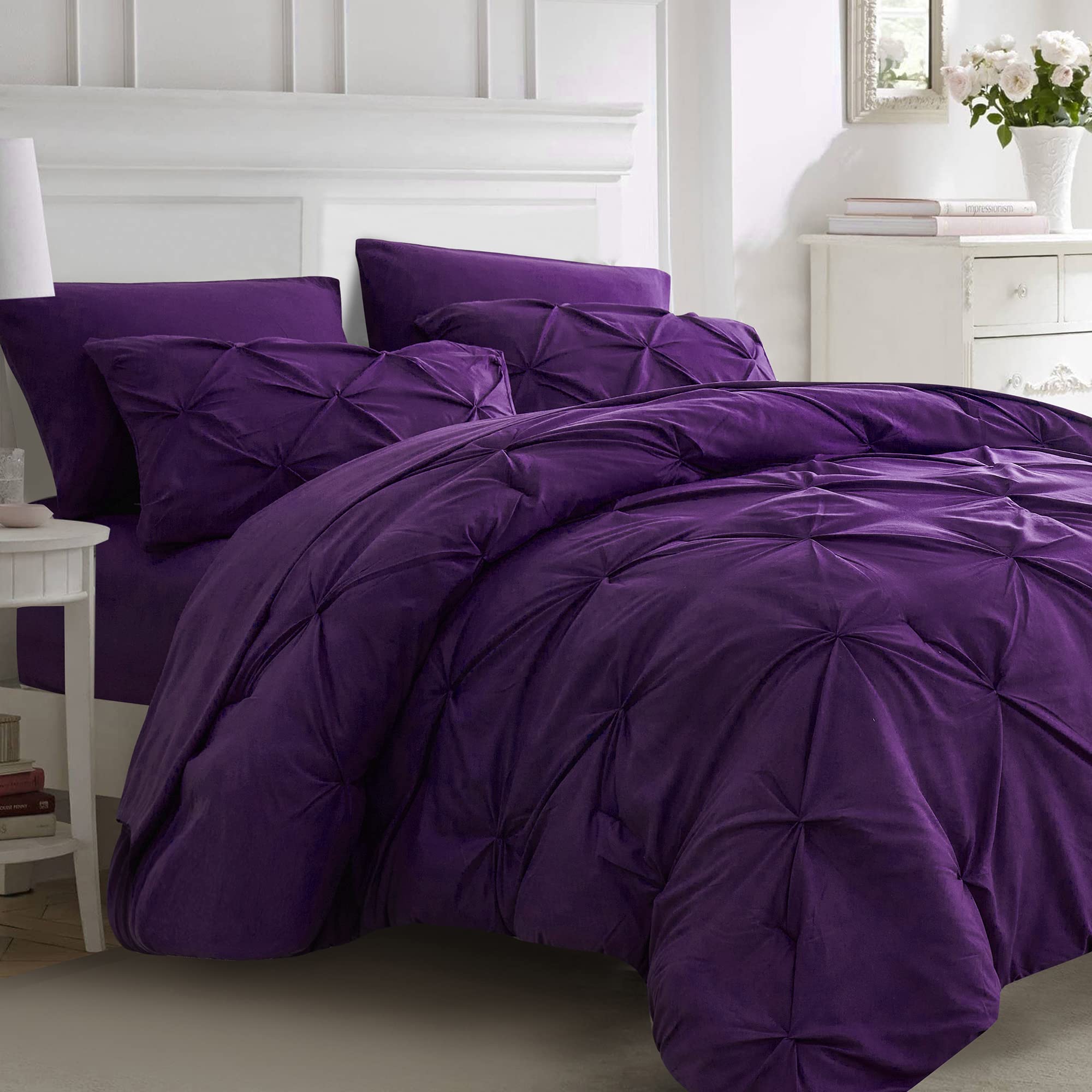 Ubauba Ubauba 7pc Purple Comforter Set Queen Size All Season Pintuck Bedding Bed in a Bag with Sheets Pinched Pleat Design