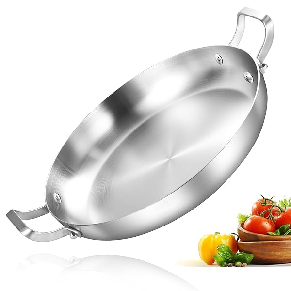 Inqibee Inqibee 14 Inch Tri Ply Stainless Steel Paella Pan Large Skillet Griddle Pan Jumbo Cooker Induction Dishwasher Oven Safe Cookware