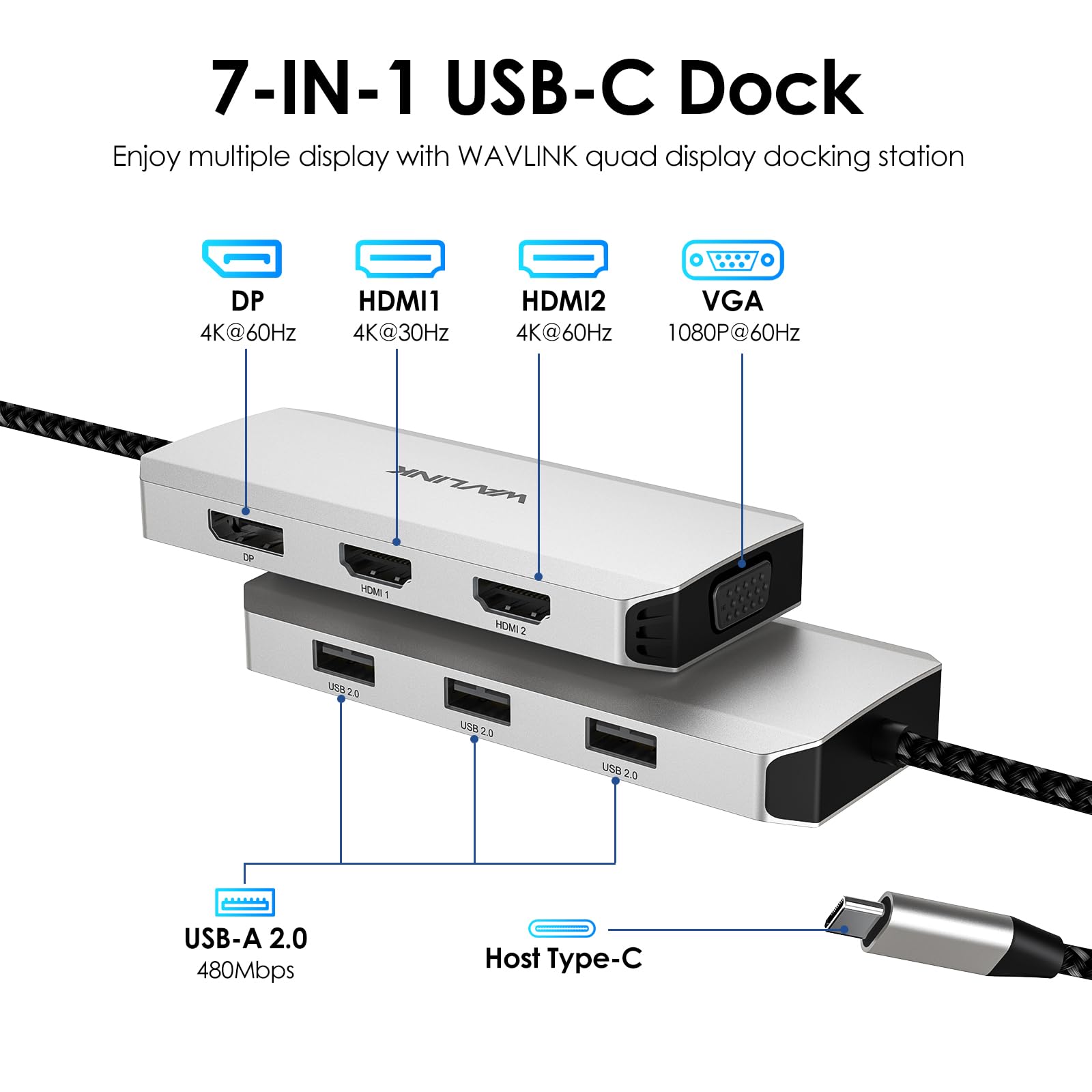 WAVLINK USB C Docking Station for MacBook Dell XPS Lenovo Yoga HP Laptops Dual HDMI Displayport VGA USB Hub Adapter Silver - View 2 of 9