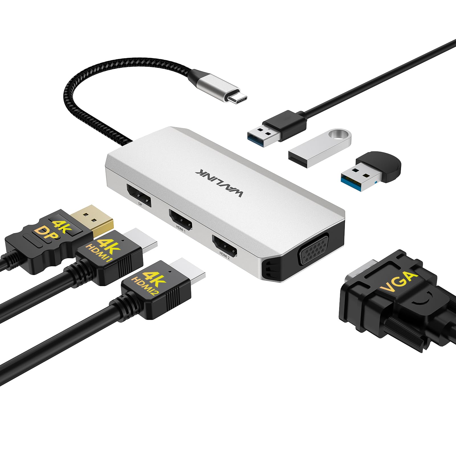 WAVLINK USB C Docking Station for MacBook Dell XPS Lenovo Yoga HP Laptops Dual HDMI Displayport VGA USB Hub Adapter Silver