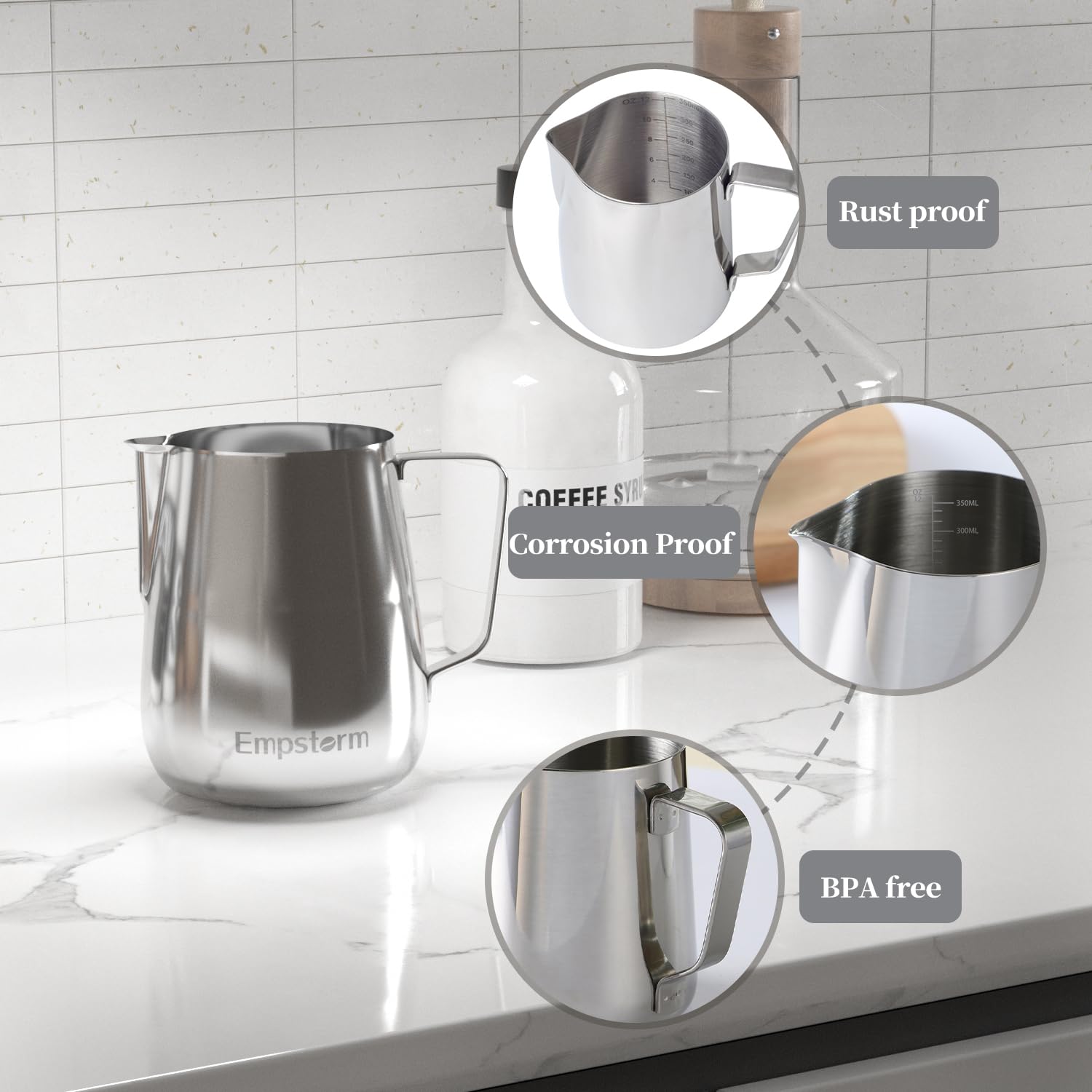 Empstorm Milk Frothing Pitcher 350ml Stainless Steel Steamer Cup for Cafe Americano Hot Chocolate and Drip Coffee Machines - View 2 of 8