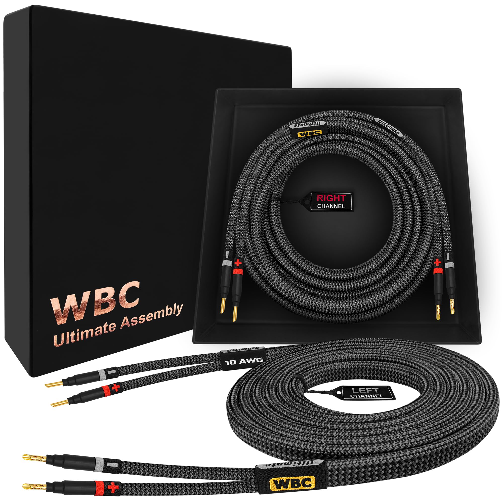 WORLDS BEST CABLES Worlds Best Cables 12 Foot Ultimate 10 AWG Ultra Pure OFC Premium Audiophile HiFi Speaker Cable Pair with Eminence Gold Banana Plugs