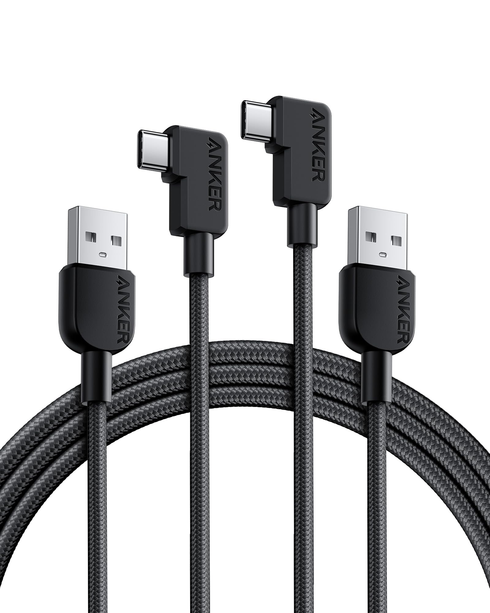 Anker 2 Pack 6ft Right Angle USB A to USB C Braided Cable Durable 90 Degree Type C Cord for Samsung Galaxy Note 10 LG V30 Black