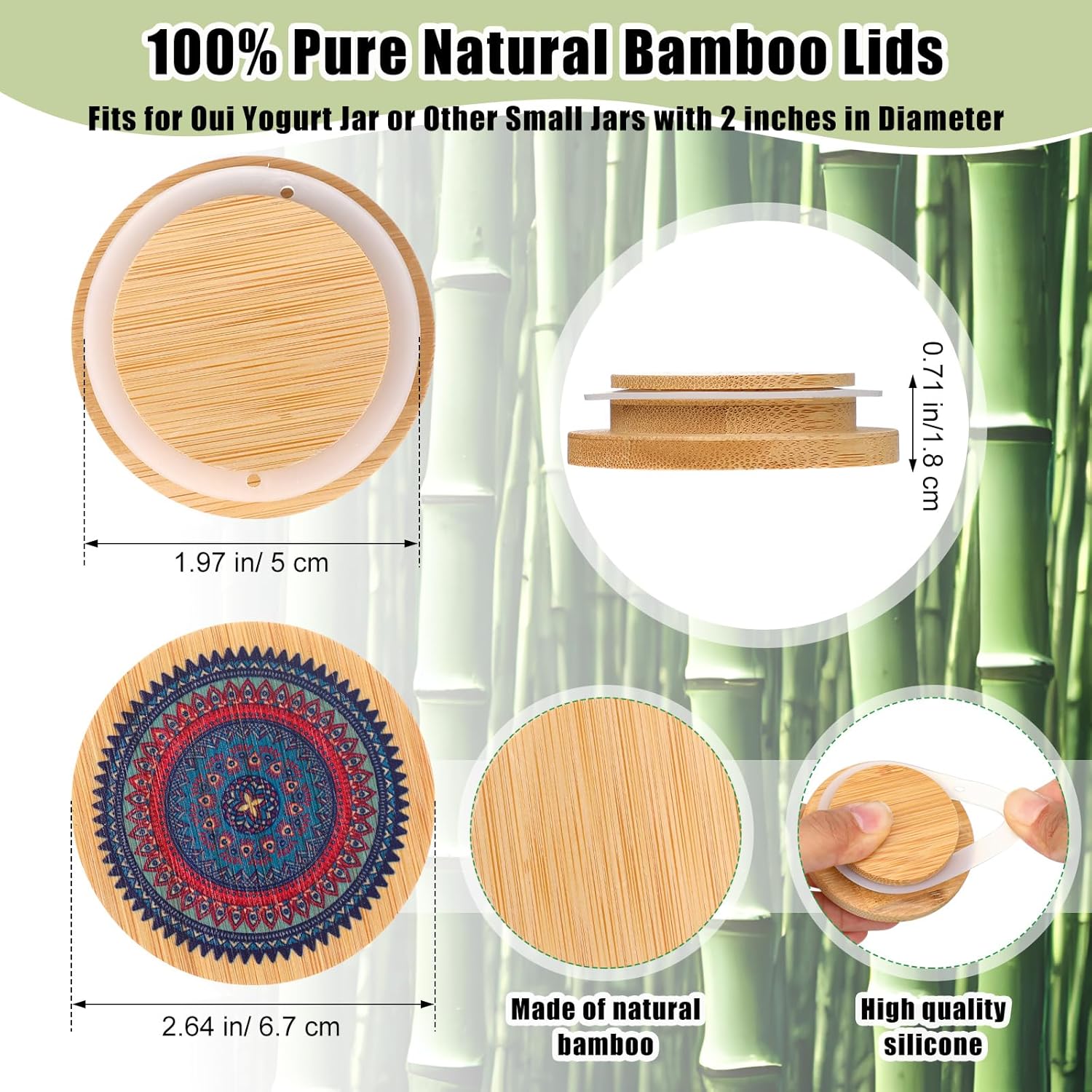 Yaomiao Yaomiao 12 Pieces Yogurt Jar Lids Set Reusable Bamboo Mandala Pattern with Silicone Sealing Rings and 24 Yogurt Bottle Label Covers - View 2 of 6