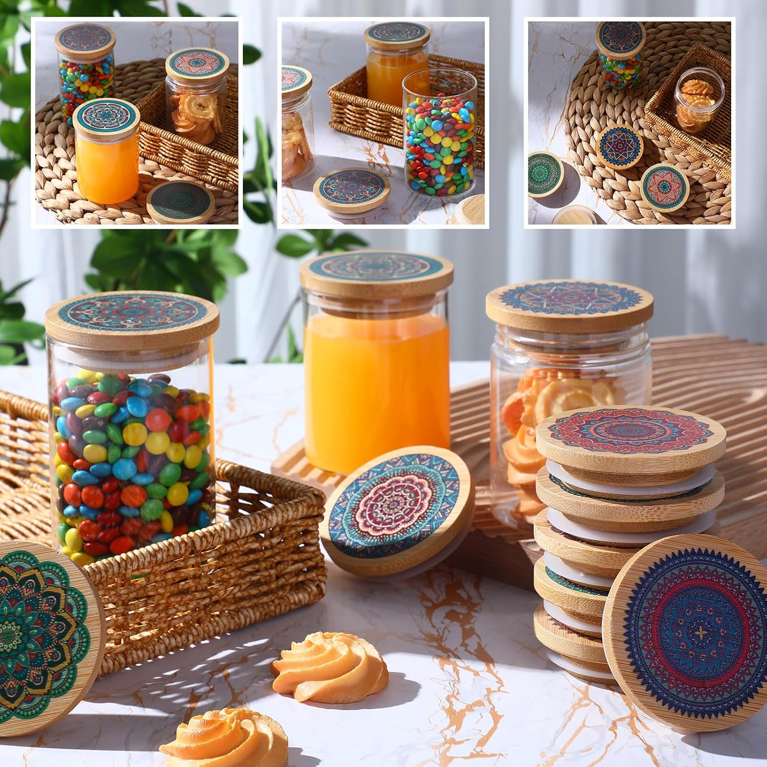 Yaomiao Yaomiao 12 Pieces Yogurt Jar Lids Set Reusable Bamboo Mandala Pattern with Silicone Sealing Rings and 24 Yogurt Bottle Label Covers - View 4 of 6