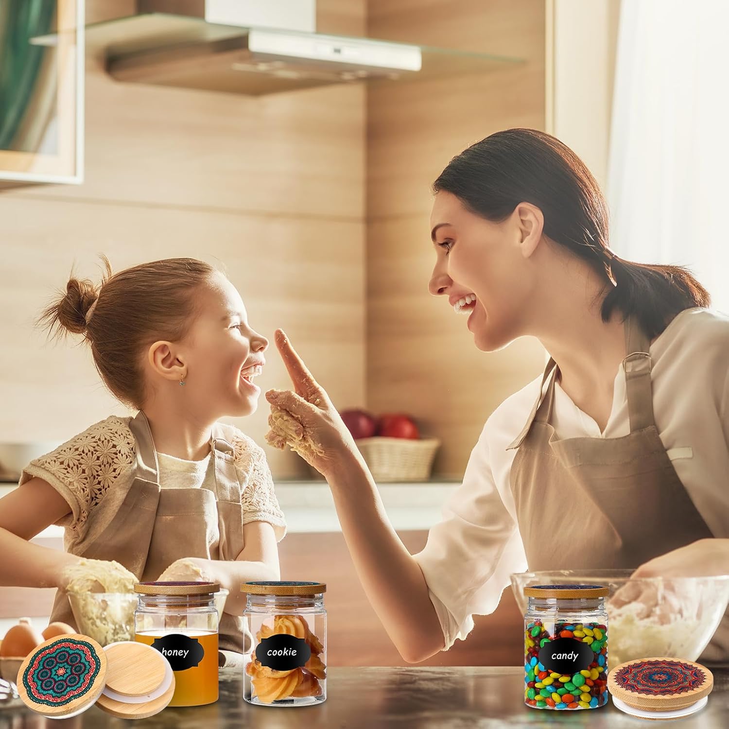 Yaomiao Yaomiao 12 Pieces Yogurt Jar Lids Set Reusable Bamboo Mandala Pattern with Silicone Sealing Rings and 24 Yogurt Bottle Label Covers - View 6 of 6