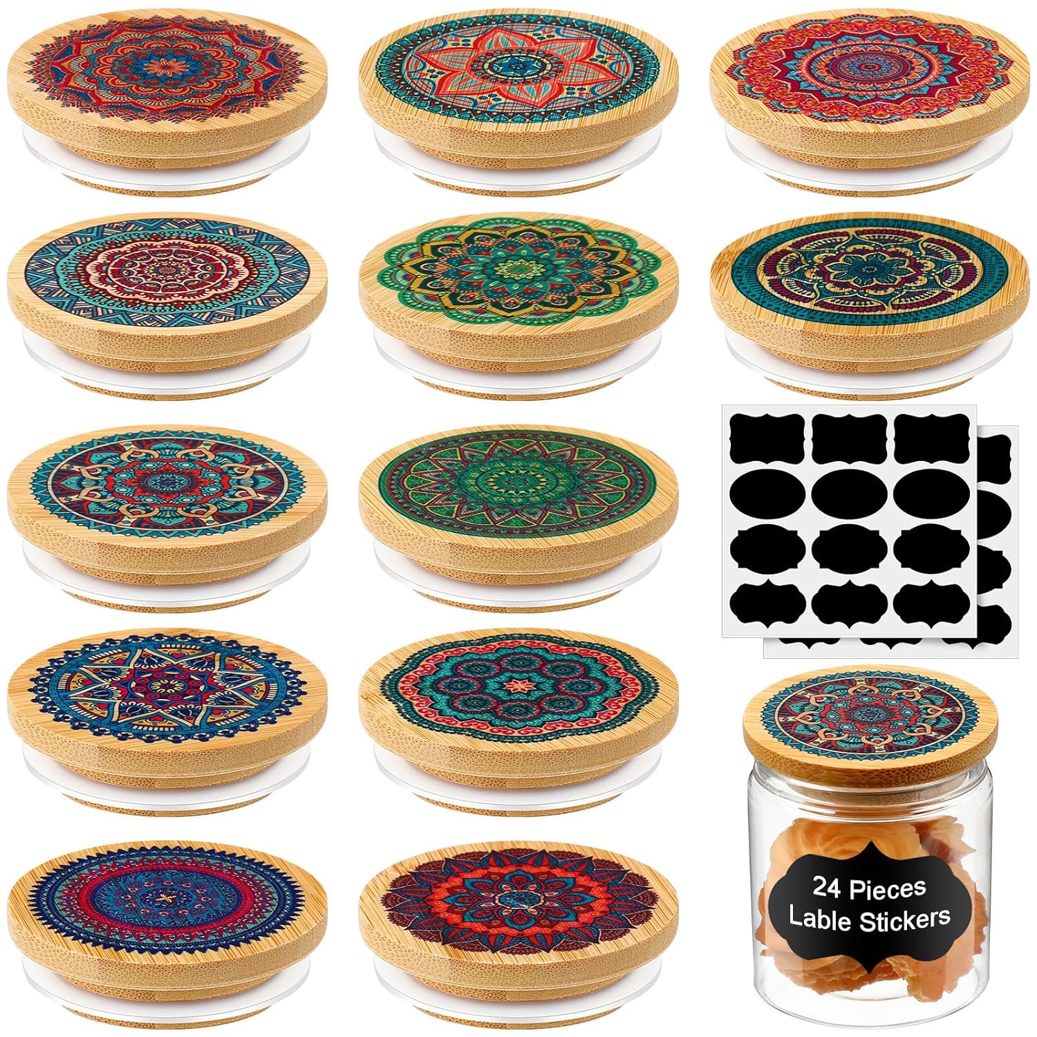 Yaomiao Yaomiao 12 Pieces Yogurt Jar Lids Set Reusable Bamboo Mandala Pattern with Silicone Sealing Rings and 24 Yogurt Bottle Label Covers