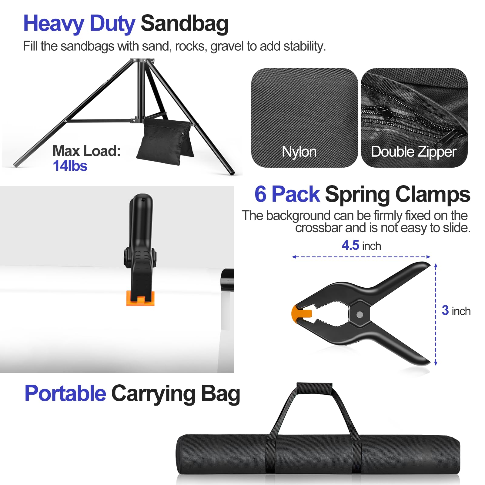 EMART EMART 10x7.9FT Backdrop Stand Adjustable Heavy Duty Support System Kit with Clamps Sandbag and Carry Bag for Photography and Events - View 5 of 7