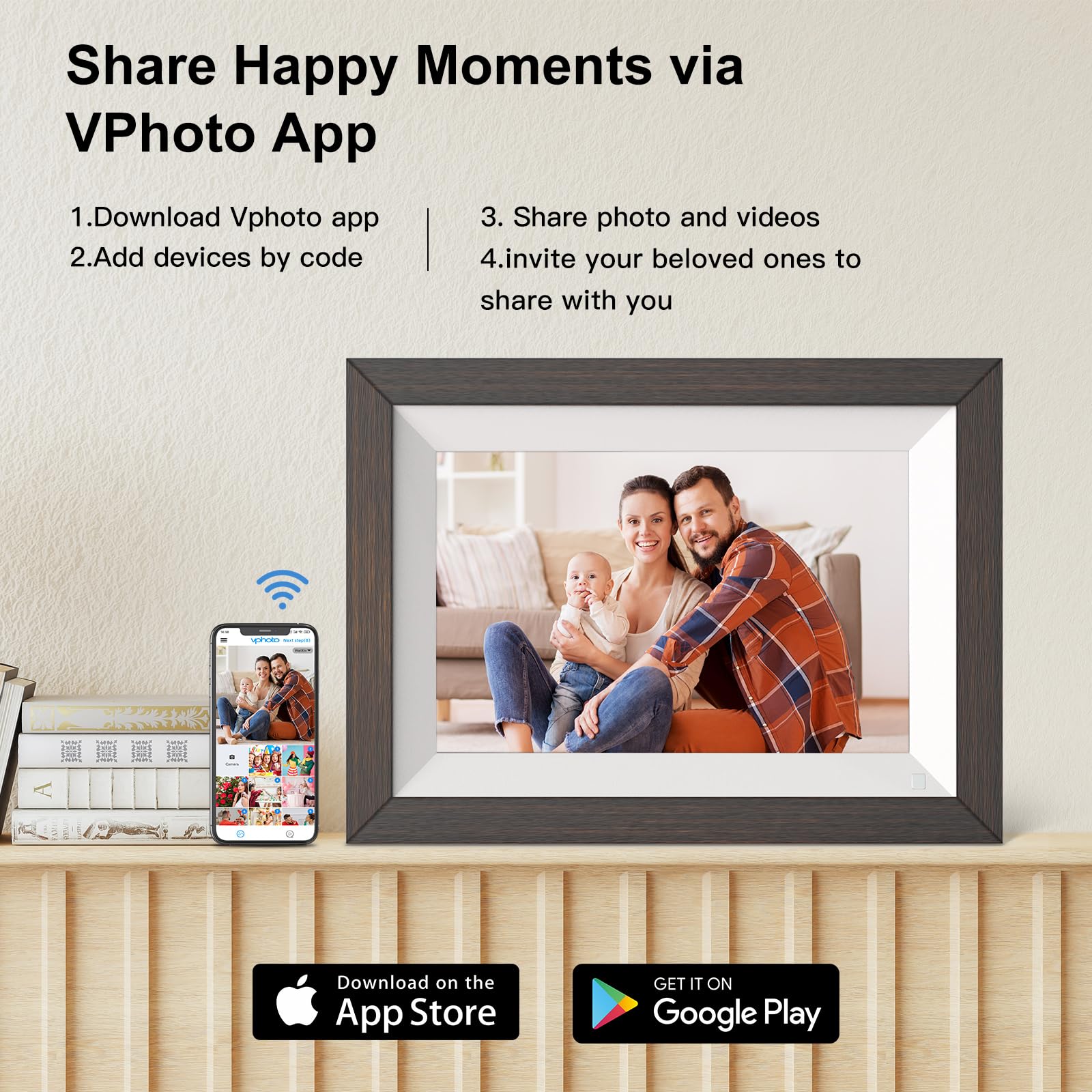 FULLJA Wooden Digital Photo Frame 10.1 Inch Wireless Electronic Album 32GB Auto Rotate Motion Sensor IPS Touch Screen Perfect Gift for Loved Ones - View 4 of 6