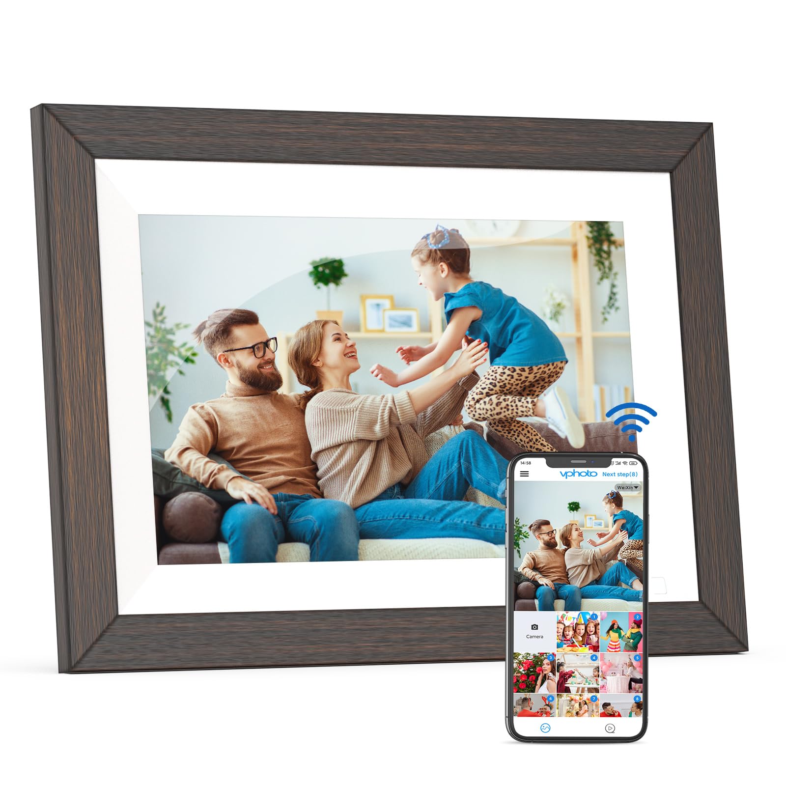 FULLJA Wooden Digital Photo Frame 10.1 Inch Wireless Electronic Album 32GB Auto Rotate Motion Sensor IPS Touch Screen Perfect Gift for Loved Ones