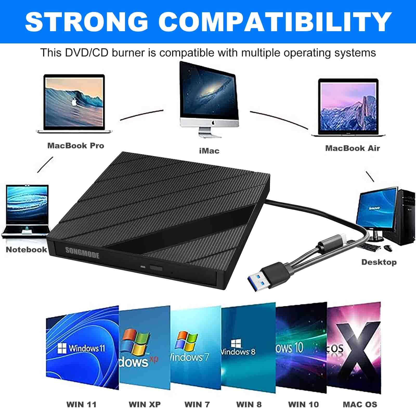 SONGMODE SONGMODE External DVD CD Drive USB 3.0 USB-C Burner Player for Laptop Mac Windows 11 10 8 7 Linux PC - View 4 of 7