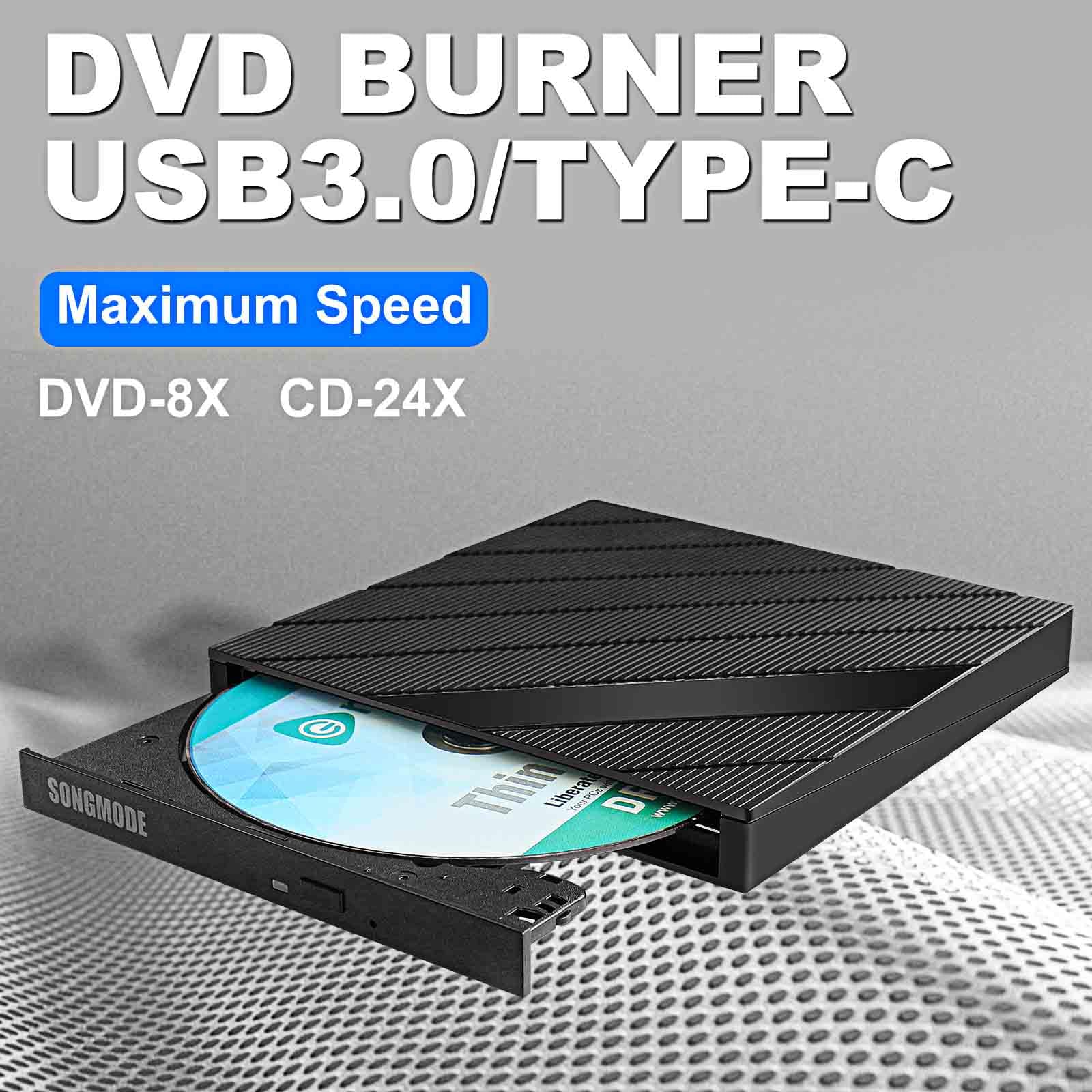 SONGMODE SONGMODE External DVD CD Drive USB 3.0 USB-C Burner Player for Laptop Mac Windows 11 10 8 7 Linux PC - View 6 of 7