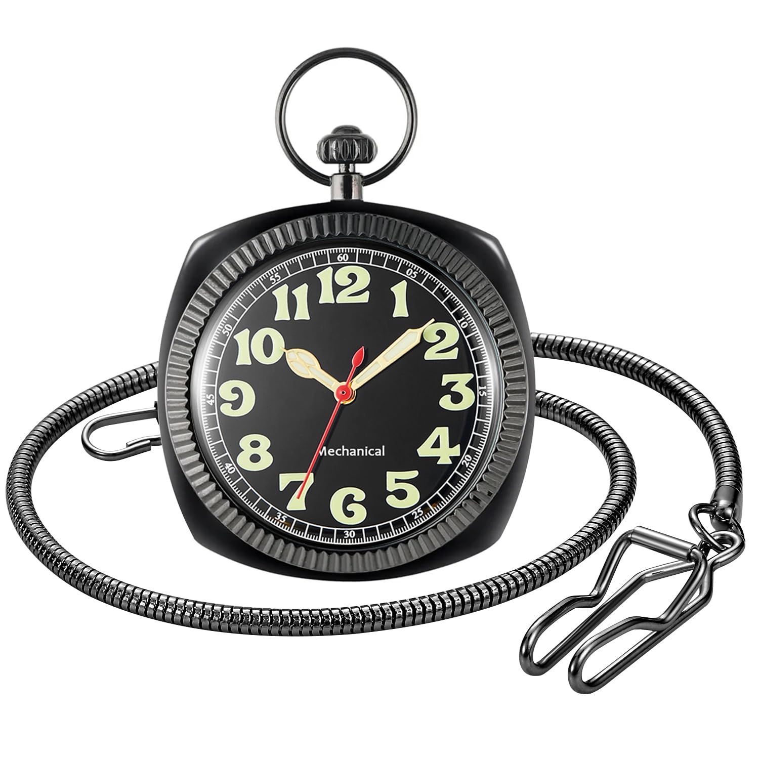 Whodoit Whodoit Square Uncovered Black Mechanical Pocket Watch with Arabic Numeral Dial and Chain for Men - View 2 of 8