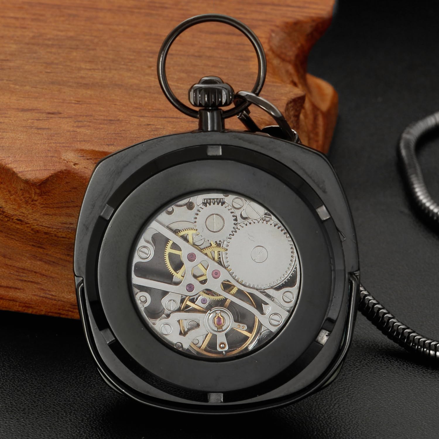 Whodoit Whodoit Square Uncovered Black Mechanical Pocket Watch with Arabic Numeral Dial and Chain for Men - View 4 of 8