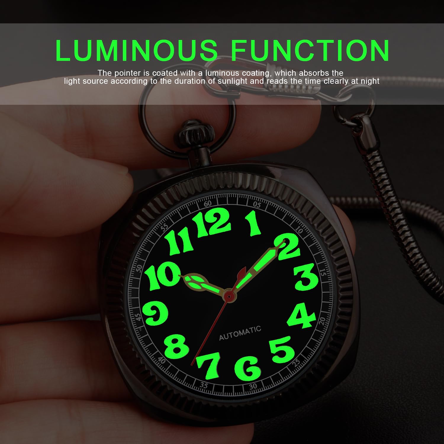 Whodoit Whodoit Square Uncovered Black Mechanical Pocket Watch with Arabic Numeral Dial and Chain for Men - View 5 of 8