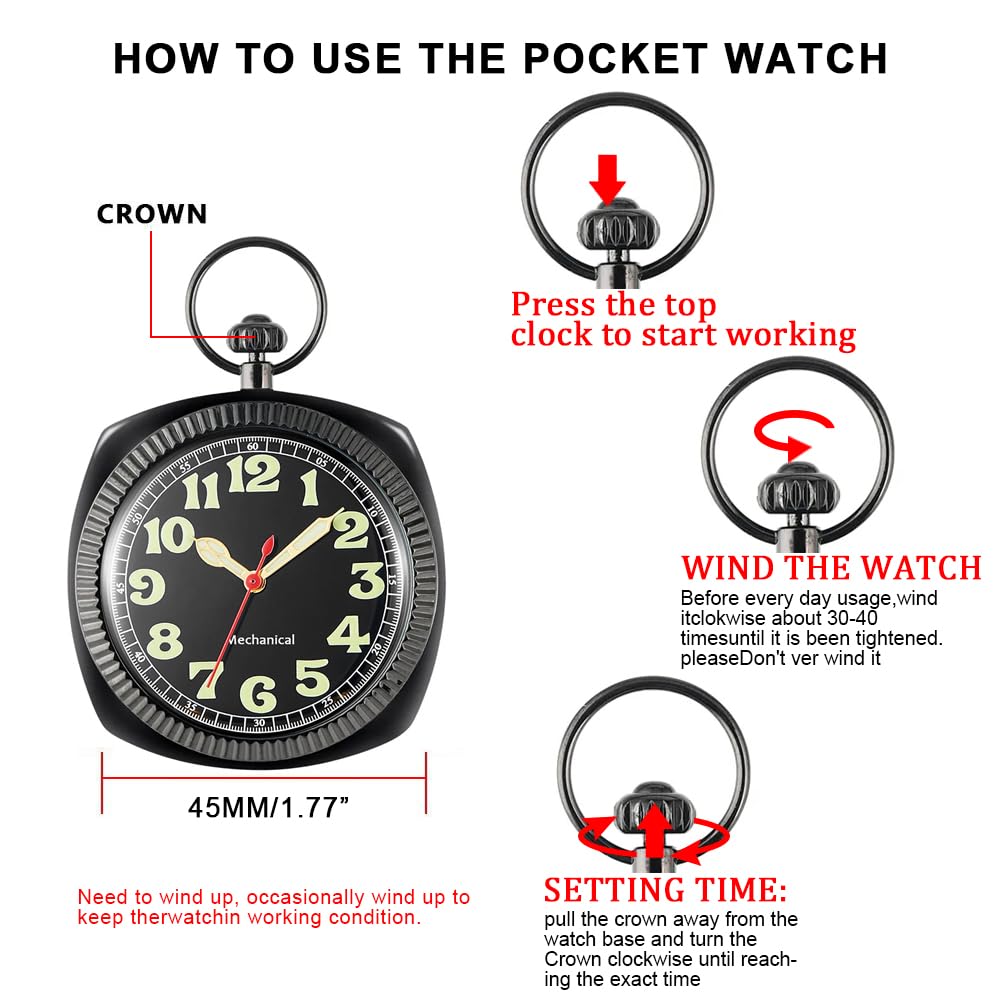 Whodoit Whodoit Square Uncovered Black Mechanical Pocket Watch with Arabic Numeral Dial and Chain for Men - View 7 of 8