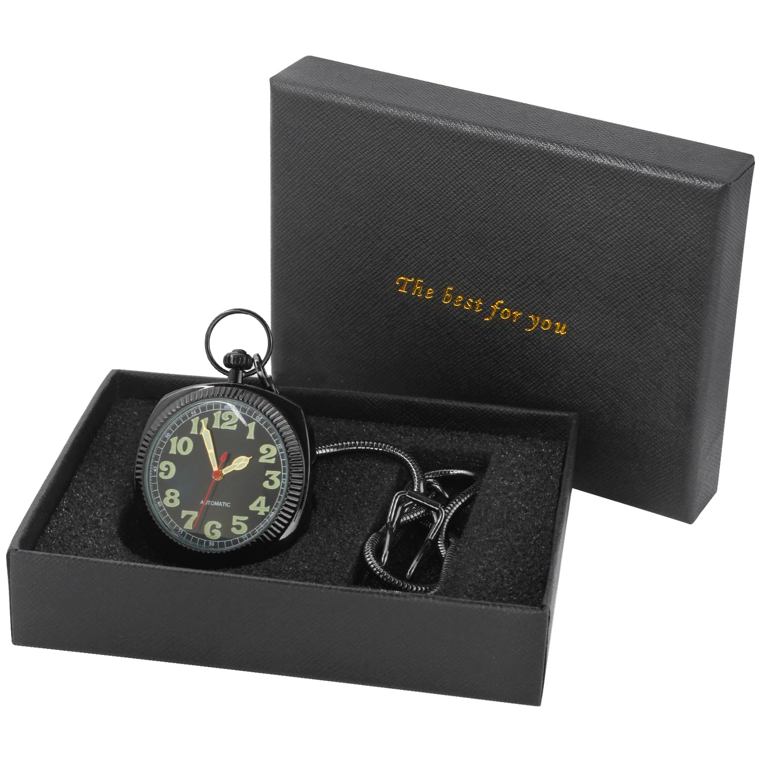 Whodoit Whodoit Square Uncovered Black Mechanical Pocket Watch with Arabic Numeral Dial and Chain for Men - View 8 of 8