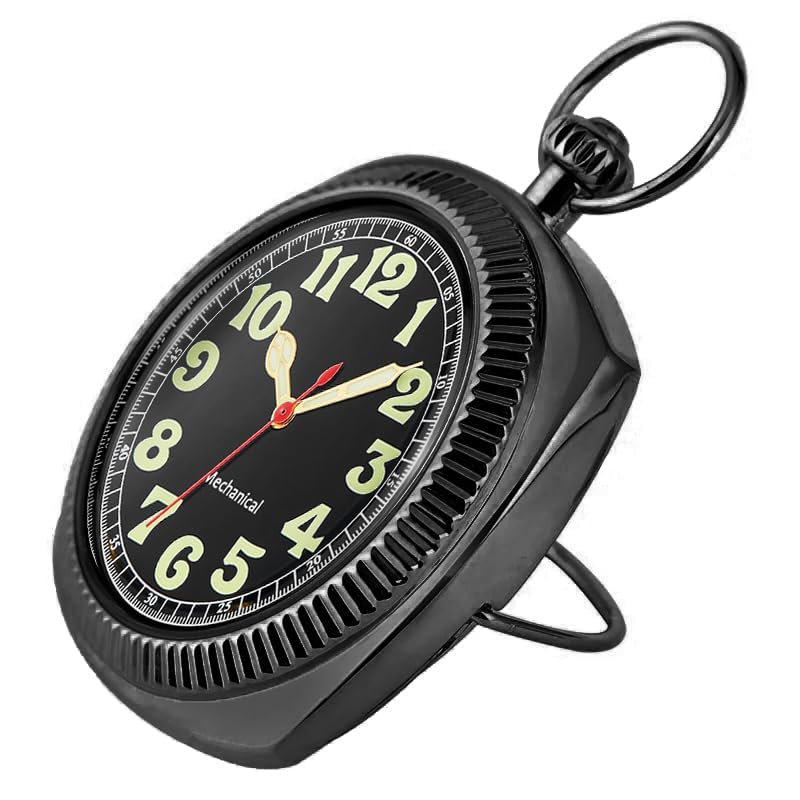 Whodoit Square Uncovered Black Mechanical Pocket Watch with Arabic Numeral Dial and Chain for Men