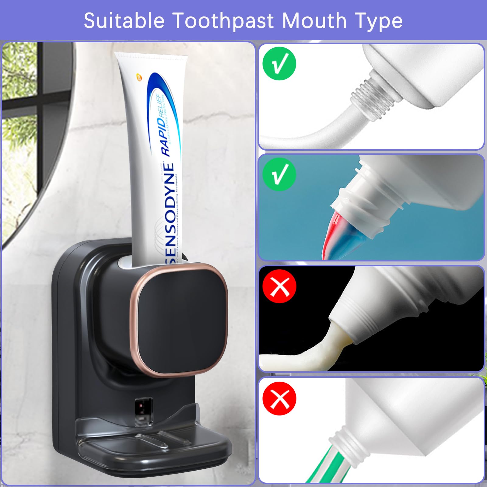 Wekity Automatic Toothpaste Dispenser Wall Mounted Electric for Kids and Adults Bathroom Black - View 7 of 7